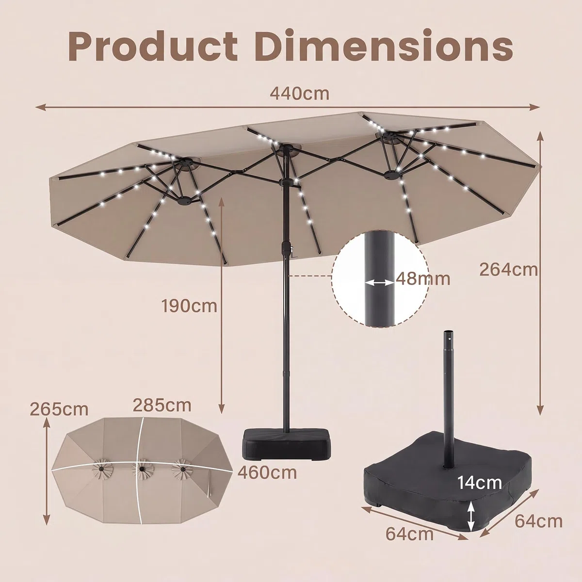 GOPLUS Parasol de Jardin Exterieur avec Pied, 4,7x2,8M Grand Parasol Double Face avec LED Solaires, Manivelle, 12 Baleines, Protection Solaire, pour Terrasse Patio Marché, Beige