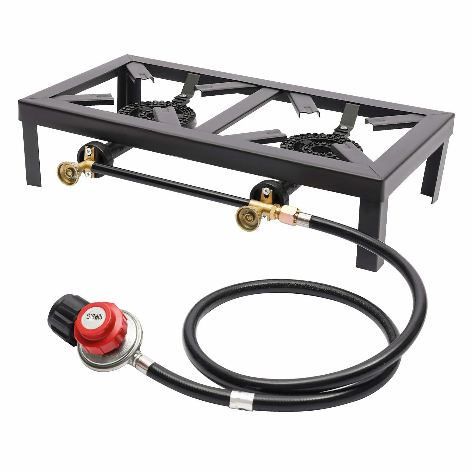 Réchaud à gaz extérieur 48x25x11cm Noir Réchaud à gaz sur Pied 8000W Double brûleur en Fonte avec régulateur Tuyau, Barbecue à gaz Portable pour Camping Jardin BBQ Pieds Fixes Portable Léger ‎