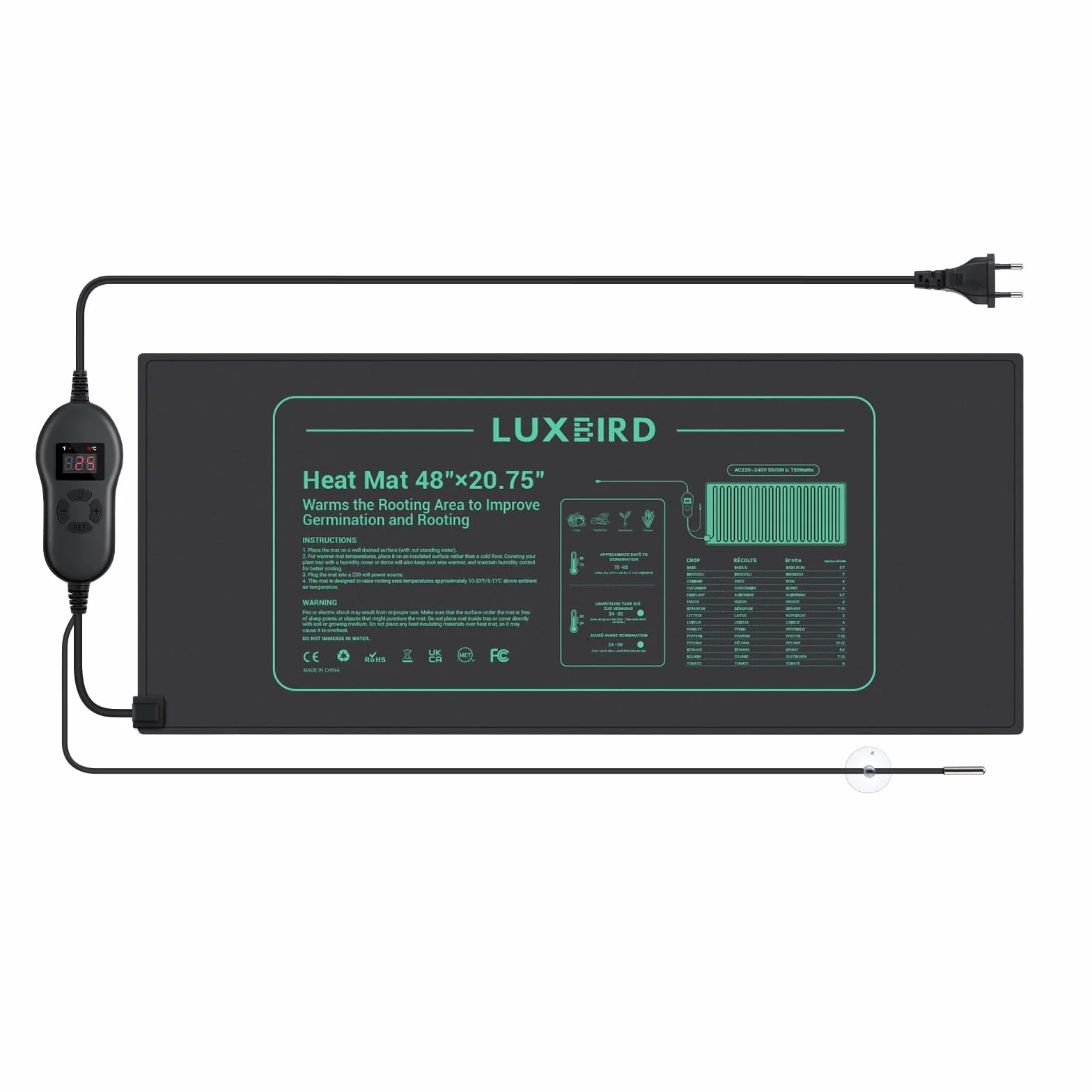 Luxbird Tapis Chauffant pour Plantes avec Thermostat, 150W Tapis Chauffant pour Serre Intérieure pour Serre de Germination des Semis, IP67 Étanche, 121 x 52 cm