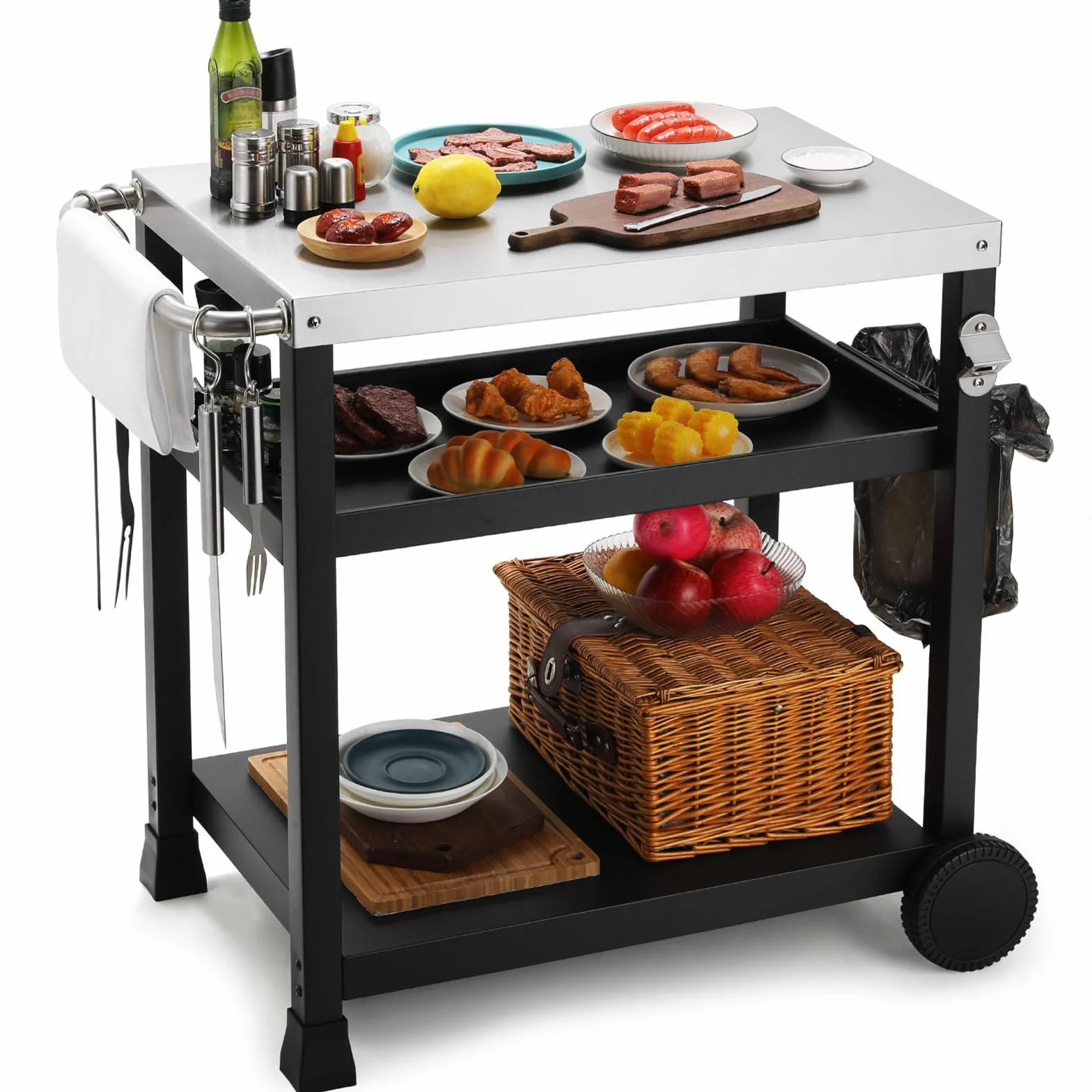 LIFERUN Chariot Barbecue 3 Étagères, Desserte Jardin avec Crochets et 2 roulettes, Desserte Extérieure Service Inoxydable, Chariot Plancha INOX, Table de Cuisine Extérieure Pizza, Terrasse, Jardin