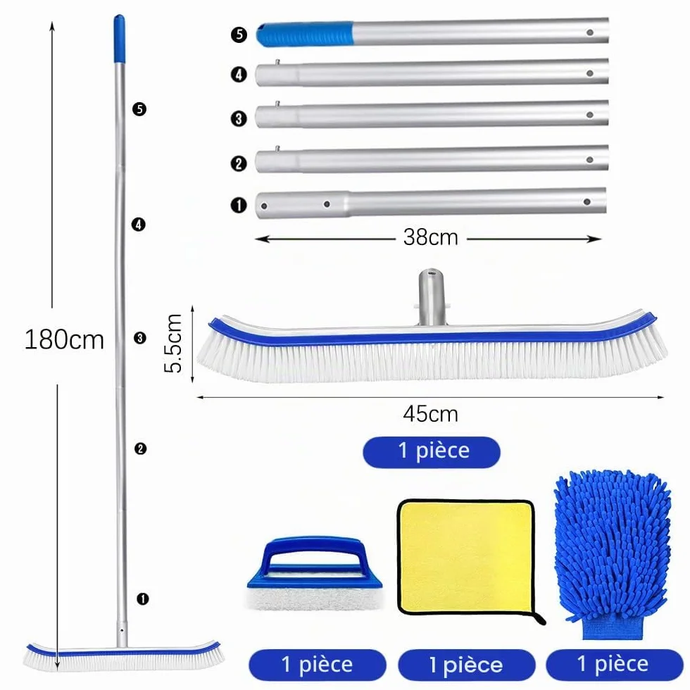 Brosse Piscine avec Manche 180cm, Balai Piscine Brosse 45cm, Kit Nettoyage Piscine