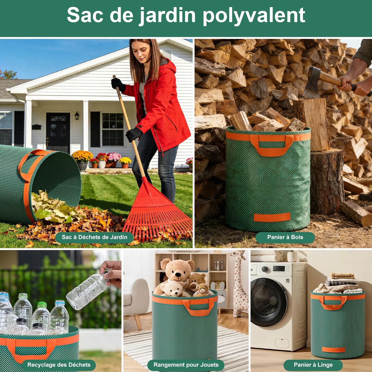 Sacs à déchets de Jardin Robustes 272L Réutilisables avec Poignées Indéchirables Pliables pour Feuilles Ordures Débris