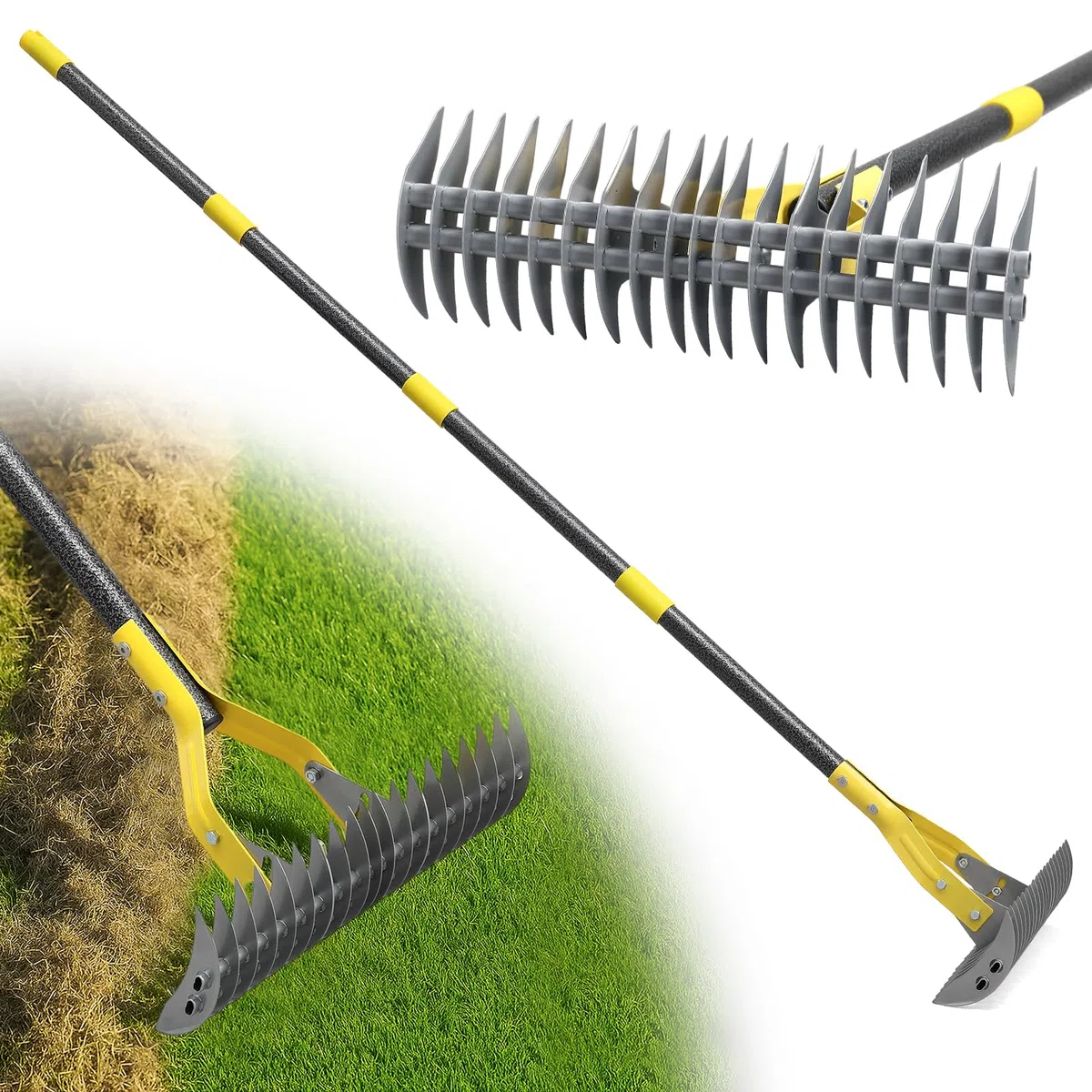 Râteau, 140cm Râteau de Jardin Robuste en Acier Inoxydable avec Long Manche Réglable et Lame Tranchante - Multifonction Râteau à Paille avec 19Dents Double Couche pour Désherber, Fertiliser Lawn/Gris