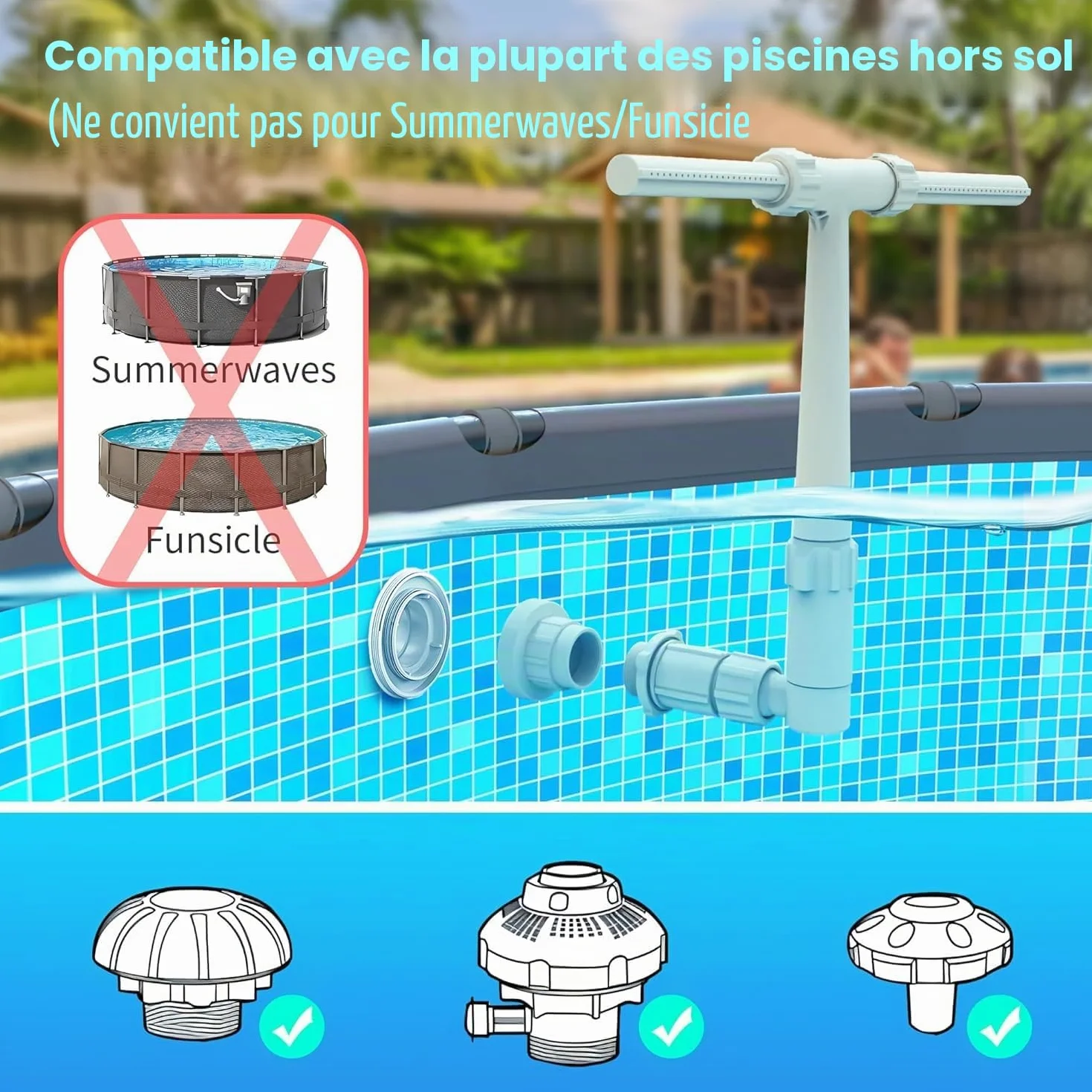 Fontaine de piscine cascade à double buse réglable pour piscines hors sol et encastrées Blanc