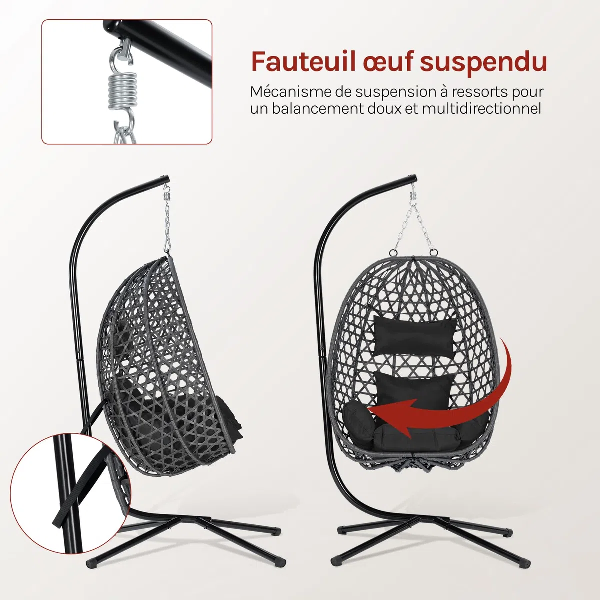 WOLTU Fauteuil Œuf Suspendu, Chaise Hamac Balançoire, avec Support en Métal, Coussin de Siège et Appui-tête, Charge 150 kg, Rotin PE, pour Jardin, Balcon, Terrasse, 102x100x196cm, Noir