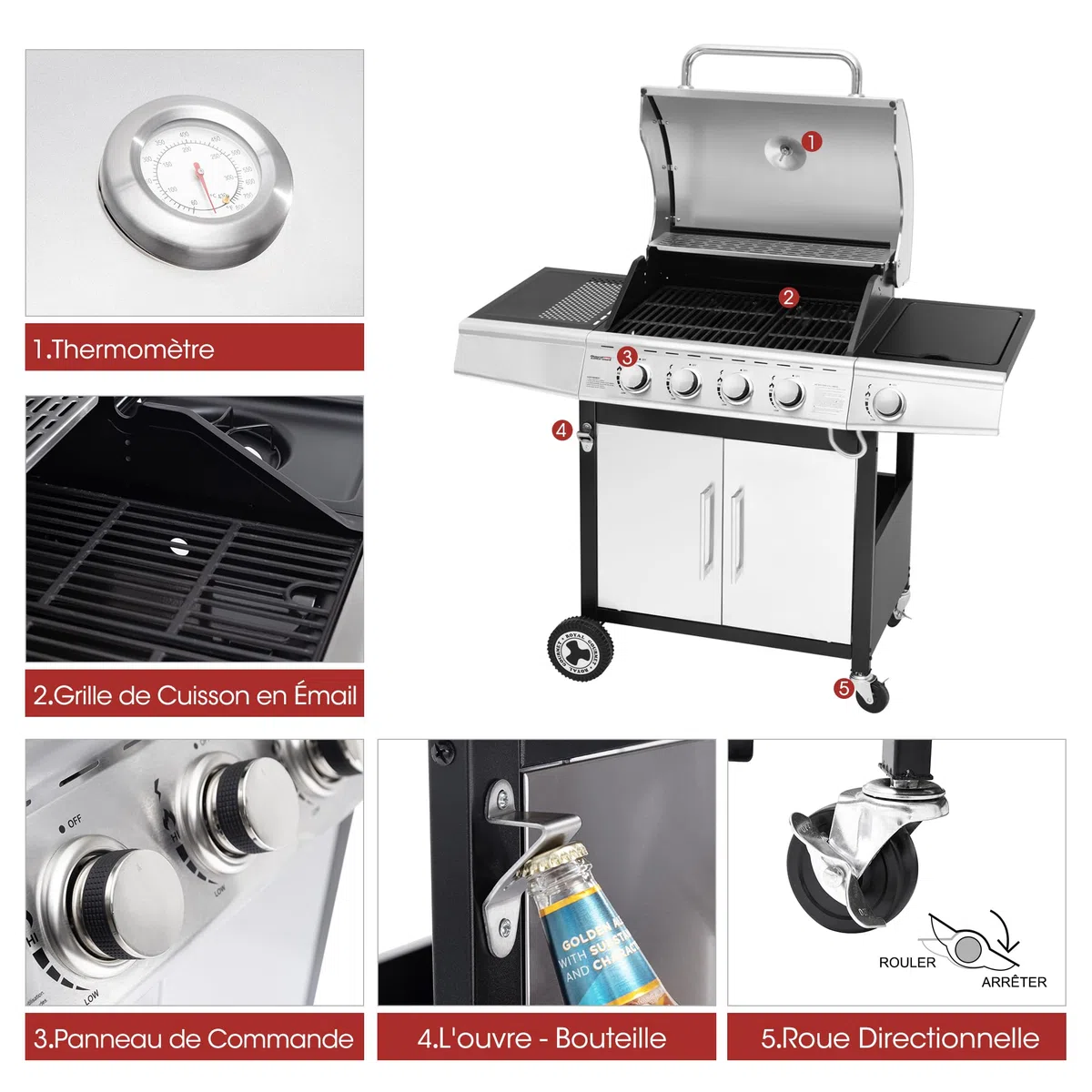 Royal Gourmet Barbecue Gaz 4+1 Brûleurs Acier Inoxydable 14,5kW Gril avec Tablettes Thermomètre 2 Roues Directionnelles 2 Portes