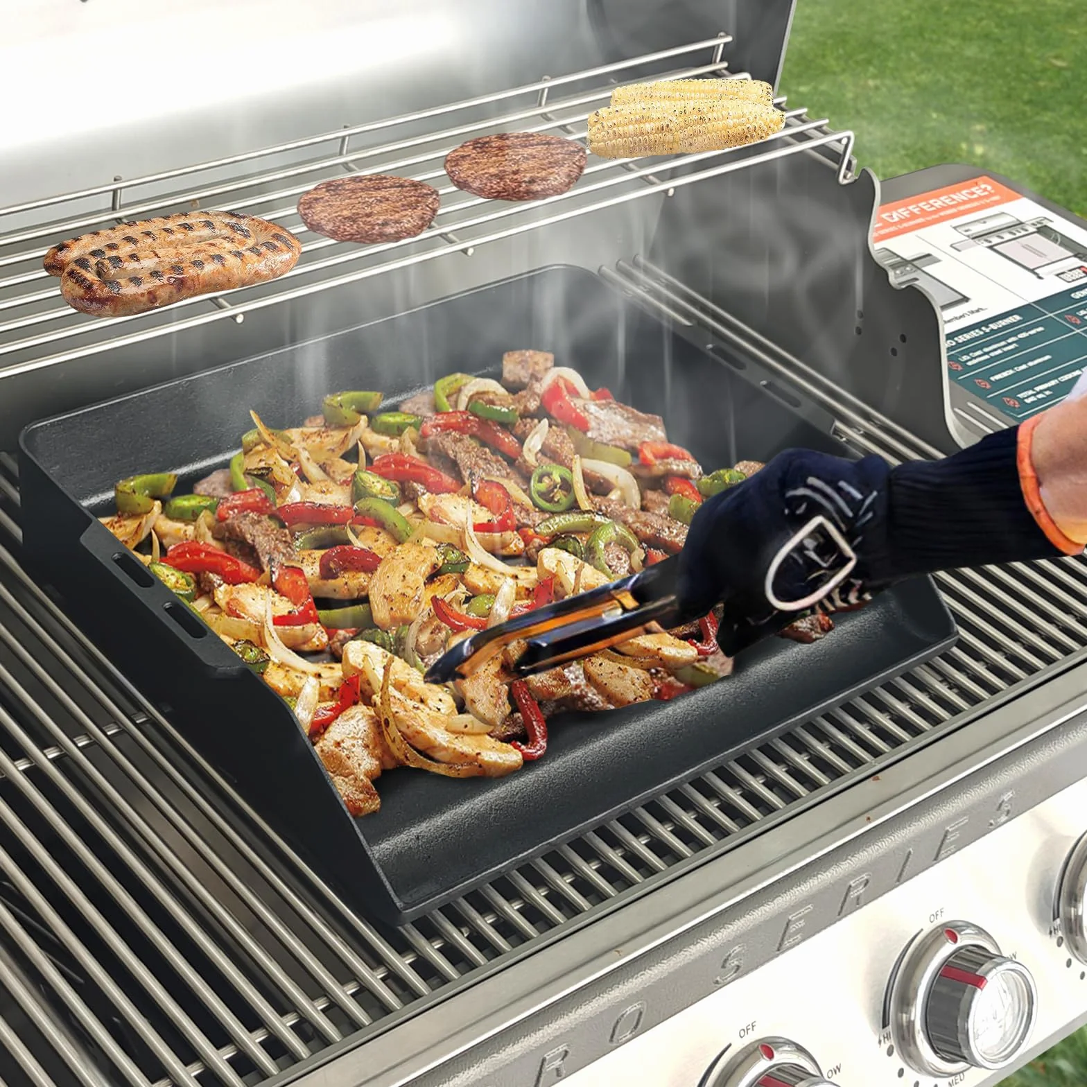 Denmay Plancha universelle en fonte de 48 x 36 cm pour barbecue à gaz, four et cuisinière, poêle pour RÖSLE VIDERO, Weber, CharBroil, Enders, Campingaz, Tepro et plus encore avec gouttière à graisse