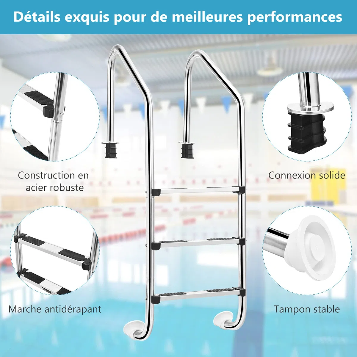 GOPLUS Échelle de Piscine à 3 Marches,Échelle de Marches de Piscine en Acier Inoxydable,Marchepied avec Protection Antidérapante pour Piscines, Centres de Spa, Parcs Aquatiques, Argenté 53x23x147CM