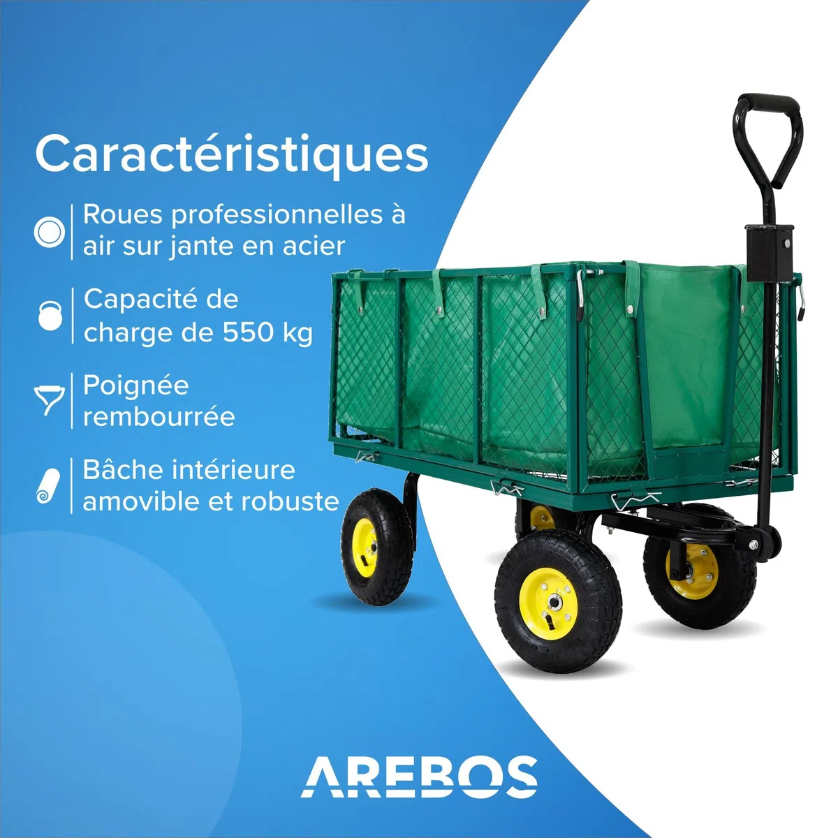 Arebos Chariot à Bras | Chariot de Jardin | avec pneus profilés | Charge Max. 550kg | Pliable | Vert | bâche Amovible | poignée et Timon Inclus | Chariot Plate-Forme