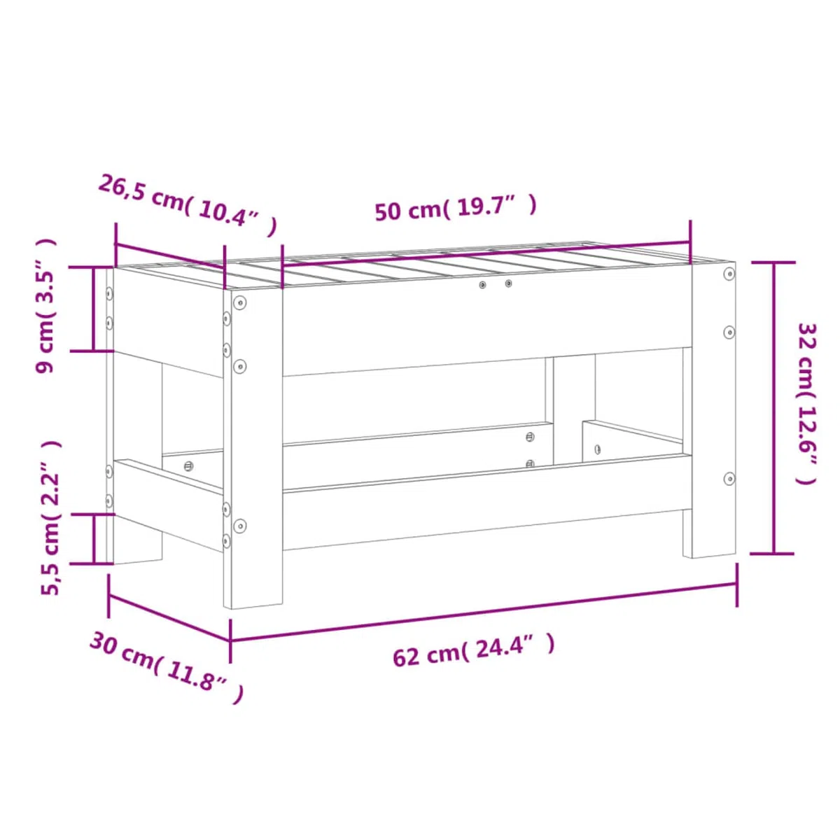 Homgoday Repose-pieds de jardin 62 x 30 x 32 cm en bois massif Douglas, repose-pieds ottoman, tabouret de siège, mobilier de terrasse, repose-pieds balcon, piscine, salon