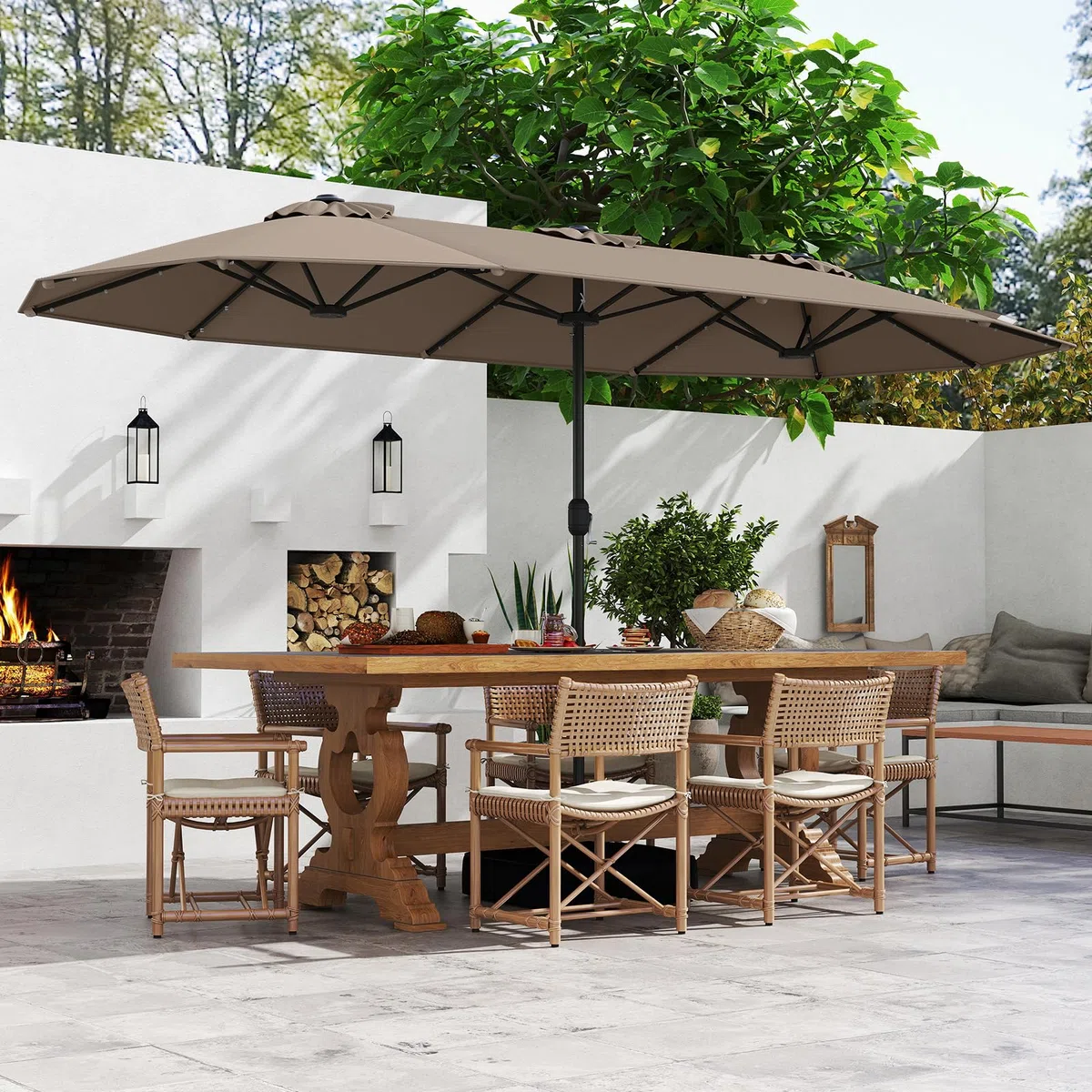 GOPLUS Grand Parasol de Jardin Exterieur avec Pied, 4M Parasol Rectangulaire Double Face pour 6 Personnes avec LED, Manivelle et Ventilation, pour Marché, Piscine, Terrasse, Balcon (Café)
