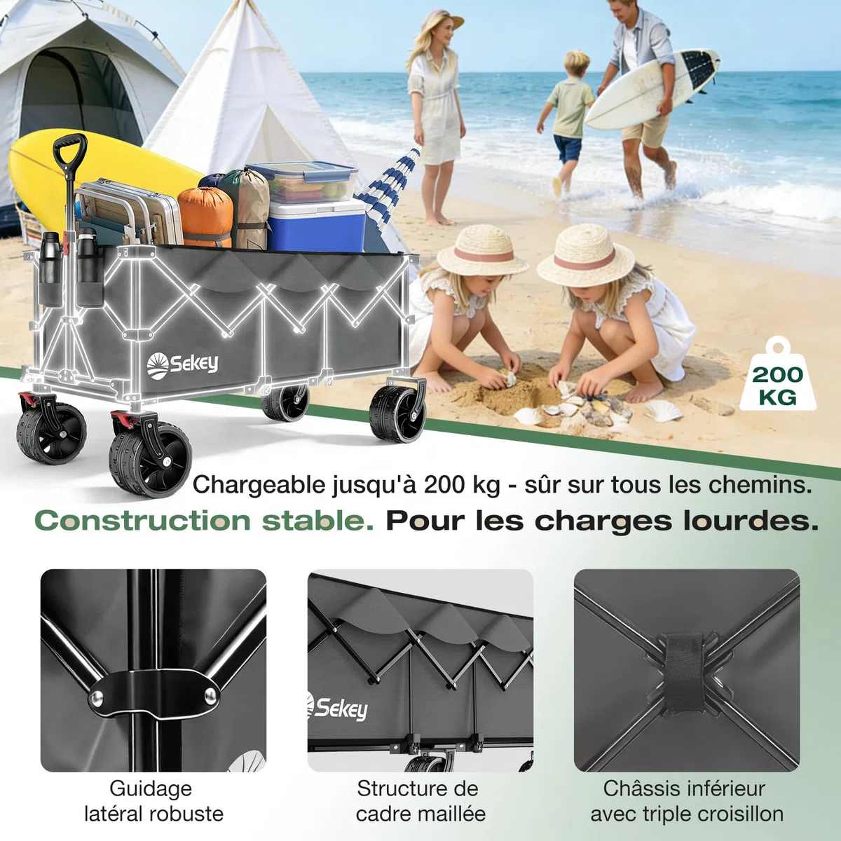 Sekey XXXL Chariot Pliable 300L 200KG, Modèle Allongé avec Roues Tout-Terrain 17x10 cm, Breveté Mécanisme 4-en-1 Dépliage Instantané, Anthracite