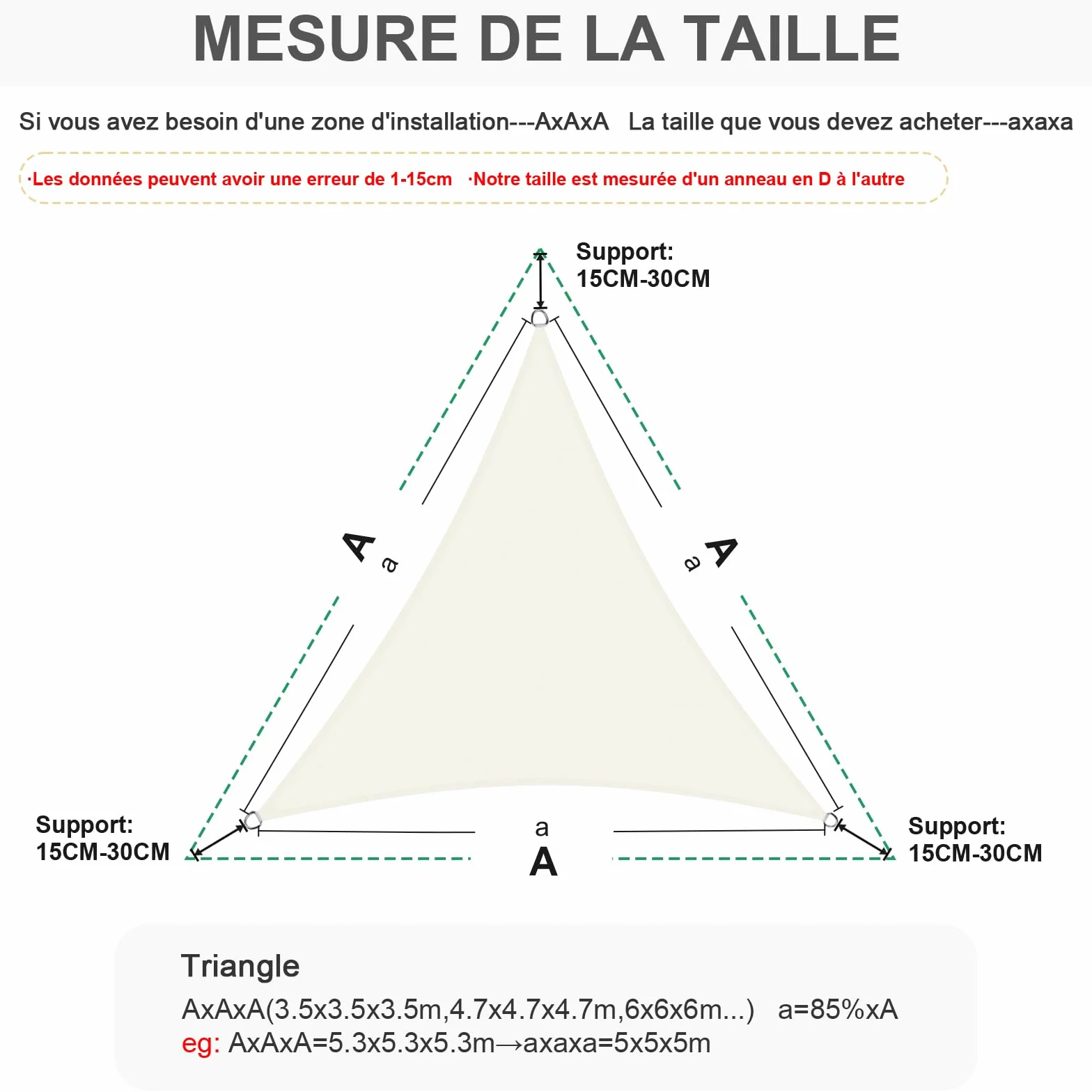 Voile d'ombrage Triangulaire Imperméable 3x3x3m 160 g/m² Protection UV 95% Beige