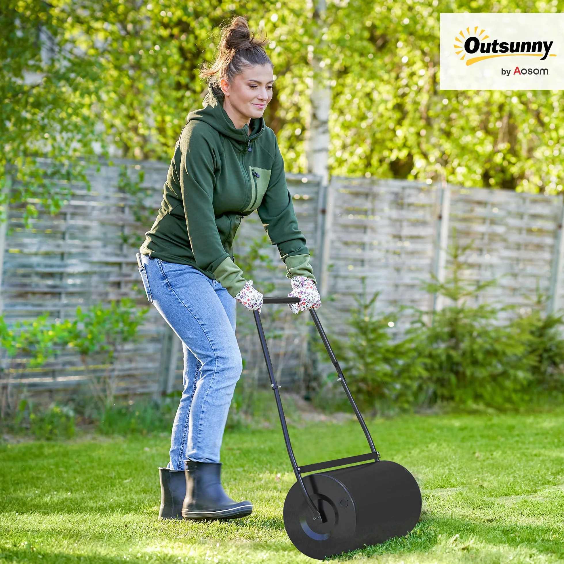DURHAND Rouleau à Gazon, Rouleau de Jardin 50 cm, remplissable avec 38 L d'eau ou de Sable, poignée Ergonomique, Outil de Jardinage pour pelouse, Patio et Parc, Noir
