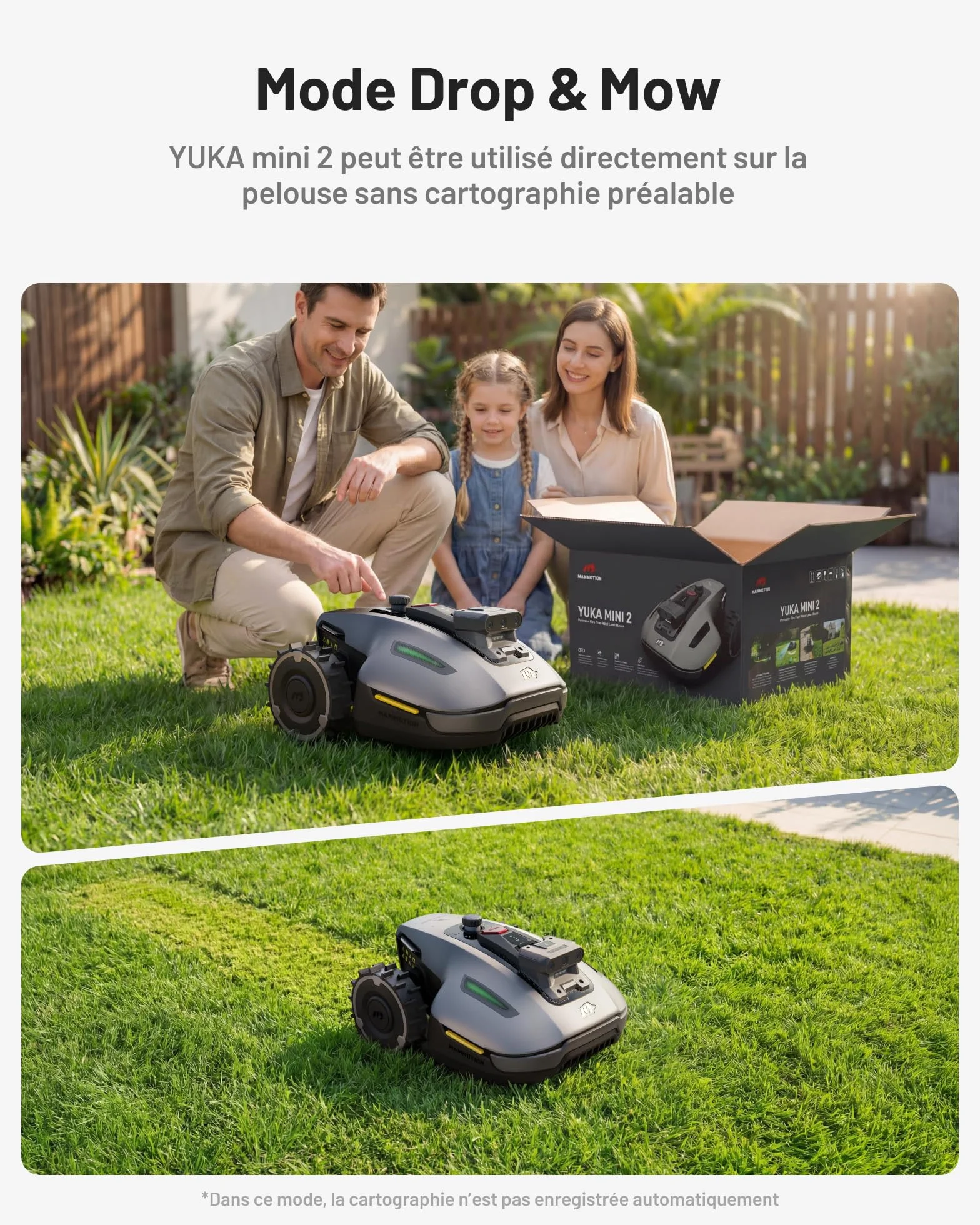 MAMMOTION YUKA Mini 2 500 Robot Tondeuse sans Fil Périmétrique, jusqu'à 500m², AI Traitement d’Image à Trois Caméras Robot Tondeuse, Auto Cartographie Multi-Zones, DropMow, Édition Manuelle de Carte