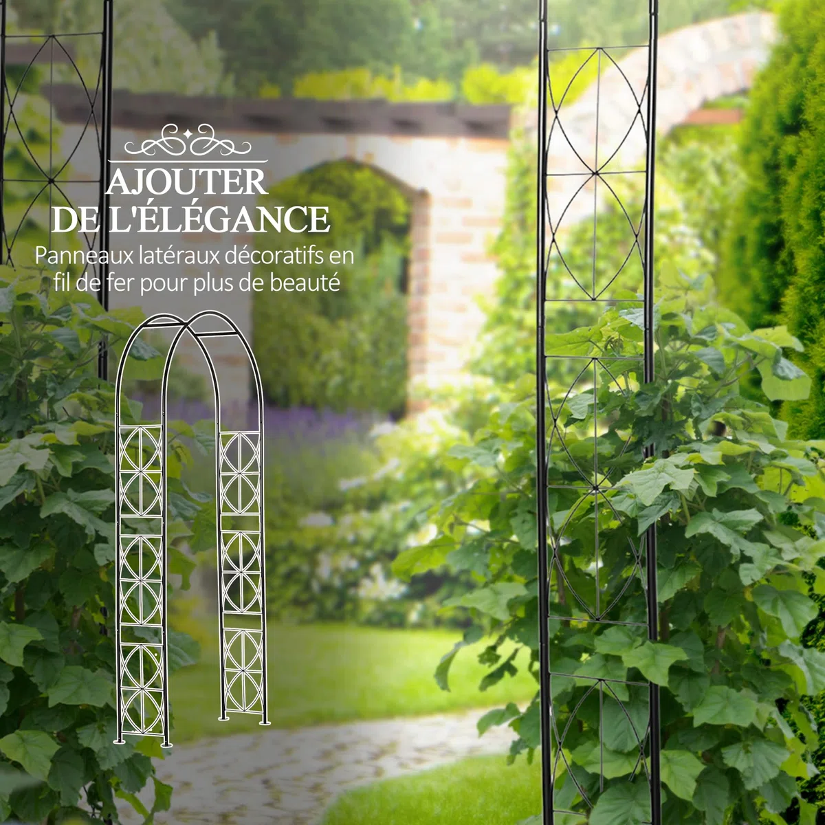Outsunny Arche de Jardin Arche à rosiers Treillis tuteur Plantes grimpantes - Style Fer forgé dim. 114L x 30l x 230H cm métal époxy Noir