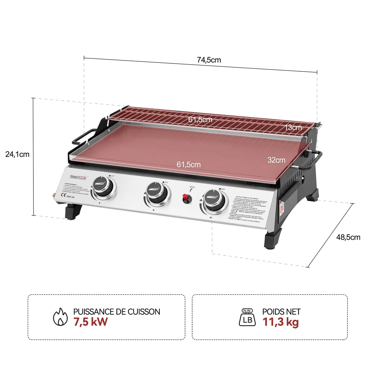 Royal Gourmet Plancha Gaz Propane en Acier Inoxydable, 3 Brûleurs Puissance 7.5kW, Surface Cuisson 61,5 x 32cm avec Grille de Réchauffage, Adapté pour Le Camping et l' Extérieur, Argent