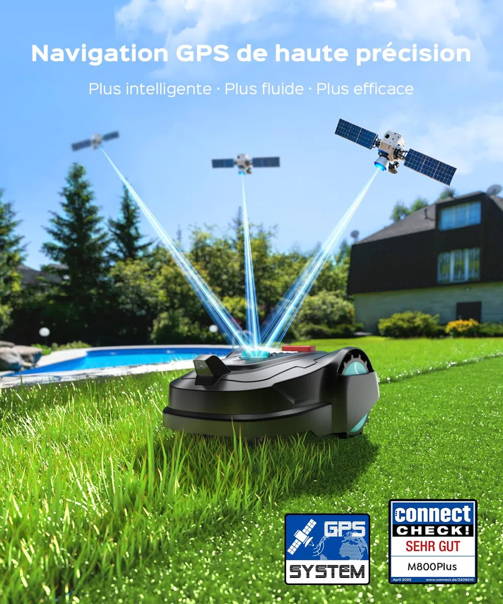 YARDCARE M800Plus Robot Tondeuse Sans Fil Périphérique,jusqu'à 800 m²,Positionnement GPS +Vision, Tondeuse Robot Sans Câble,Mode de Tonte en U,Contrôle Via App,Recharge Automatique,Détection Obstacles