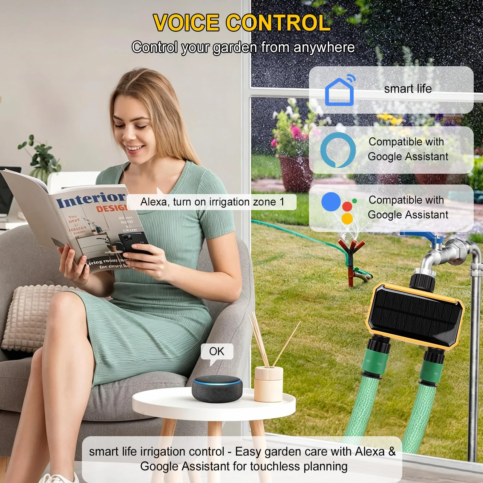 Smart Programmateur Arrosage WiFi 2 Voies, Solaire y Batterie Intégrée, Contrôleur d'irrigation Automatique à Distance Wi-FI pour Plantes D'intérieur, Jardin