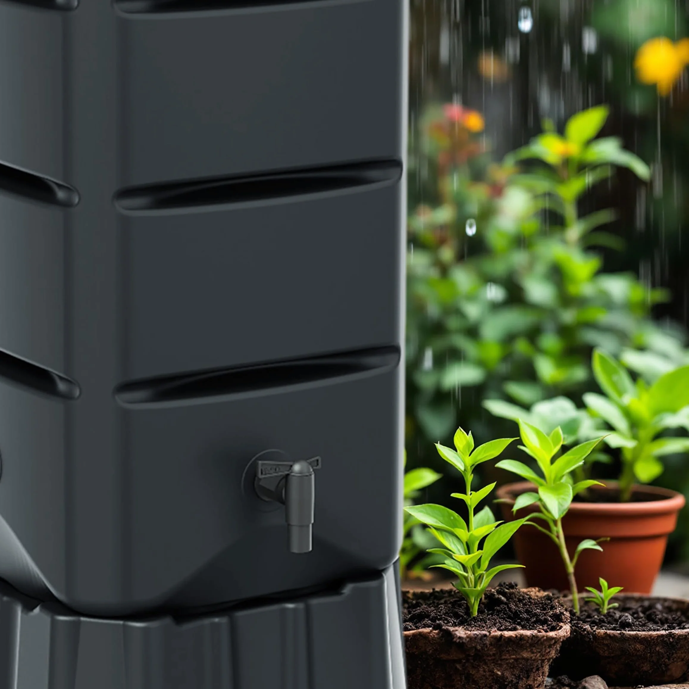 Récupérateur d'eau de pluie rectangulaire anthracite avec robinet et sangle de sécurité - 120 l - En plastique - Gris - 130 x 37 cm - Avec pied - Réservoir d'eau de pluie - Réservoir d'eau de jardin