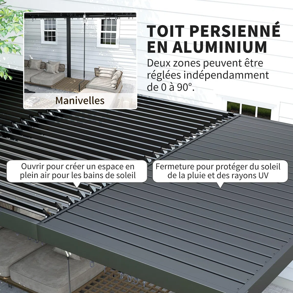 Outsunny Pergola bioclimatique 3 x 6 m, pergola Jardin extérieur avec persiennes manivelle Toit réglable en Aluminium et Crochets, tonnelle de Jardin, terrasse, Patio, Gris foncé
