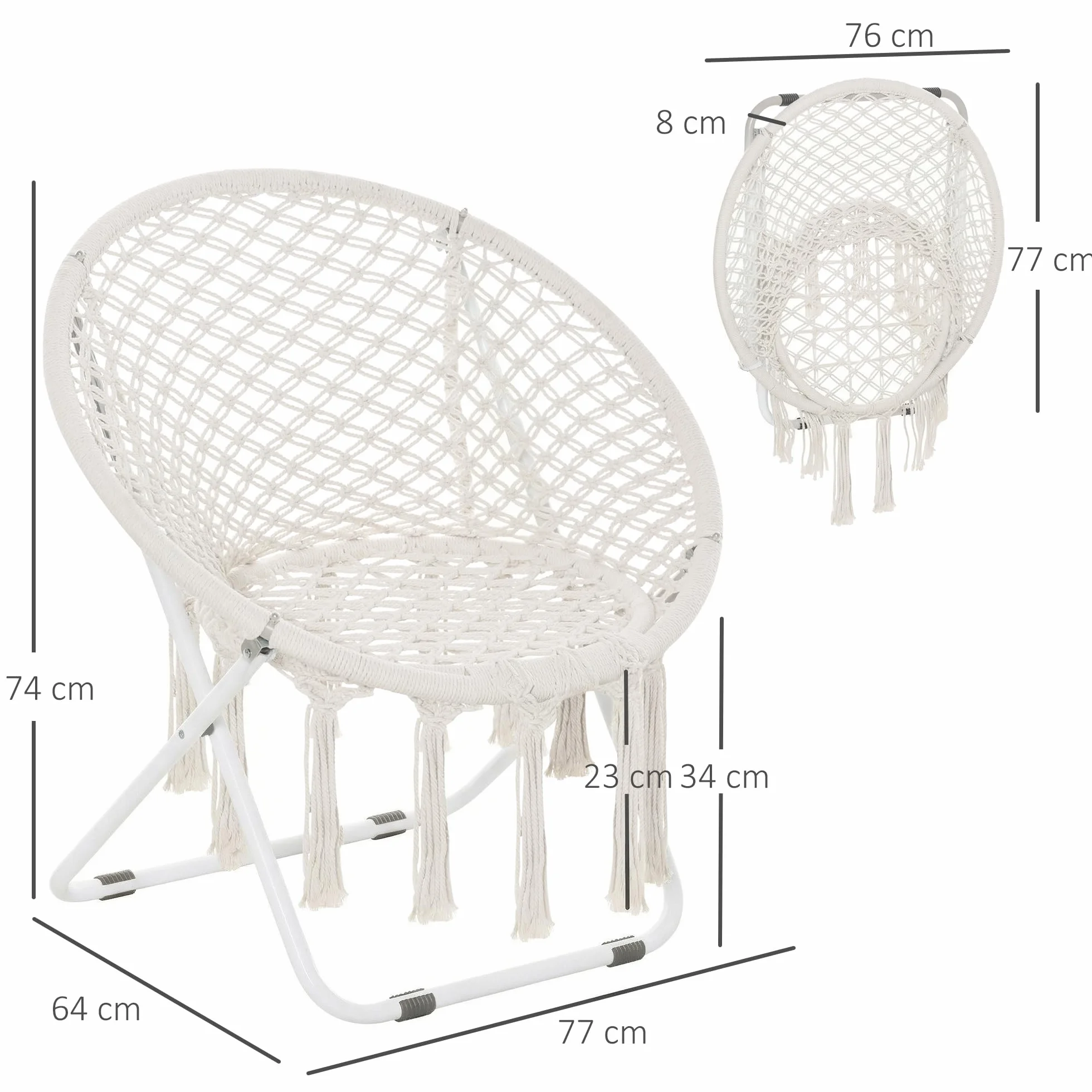 Outsunny Loveuse Fauteuil Rond de Jardin Fauteuil Lune papasan Pliable Grand Confort macramé Coton Polyester Beige