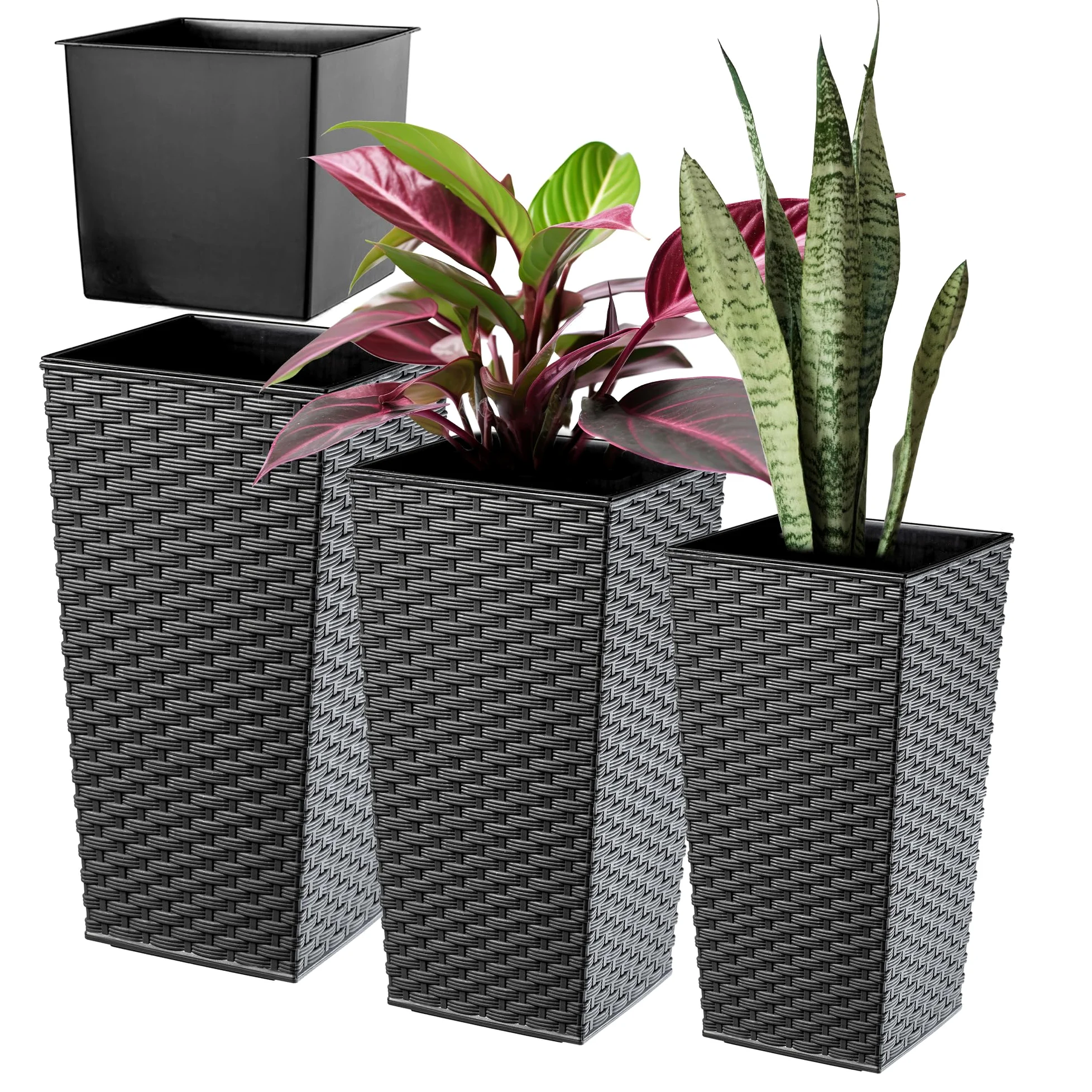 KADAX Lot de 3 Set de 3 Pots de Fleurs Hauts – H 57/68/75 cm – Rotin Graphite – intérieur/extérieur – pour Balcon, Jardin ou Salon