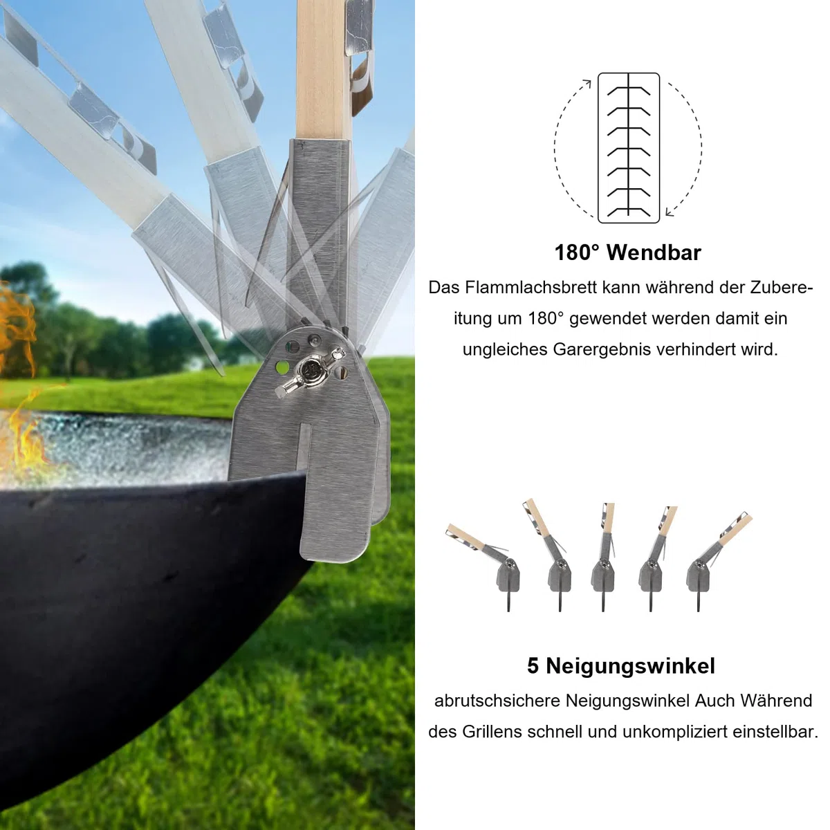 Randaco Lot de 4 planches à saumon flammé avec support - Planche à saumon avec fonction réversible - Planche à saumon pour griller, brasero - Charge maximale : 2,5 kg - Planche à saumon pour barbecue