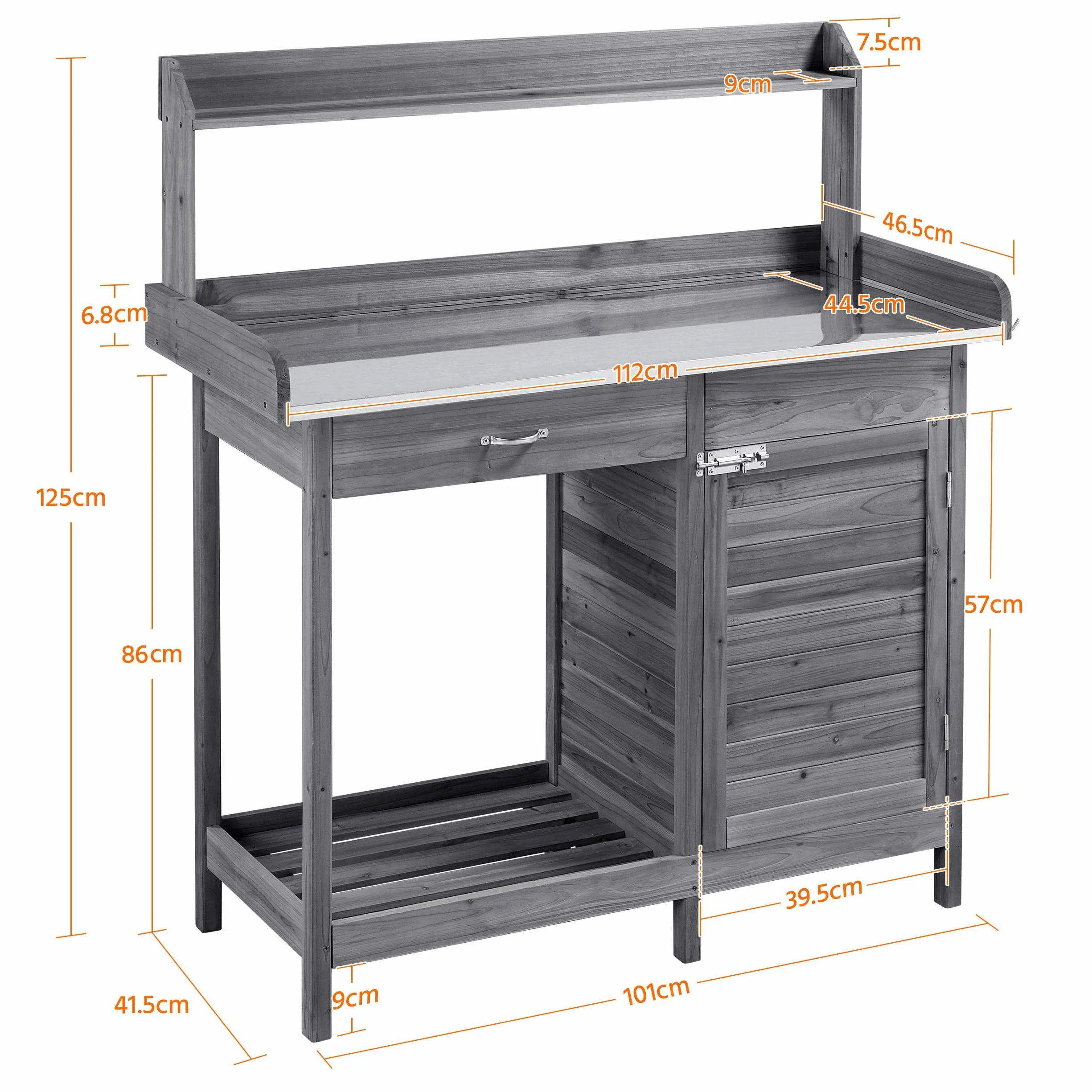 Abician Table de Rempotage Extérieure en Bois avec Tiroir Plan de Travail en Métal Étagère de Rangement Placard Inférieur 3 Crochets Latérales Table de Jardin pour Pots de Fleurs Gris