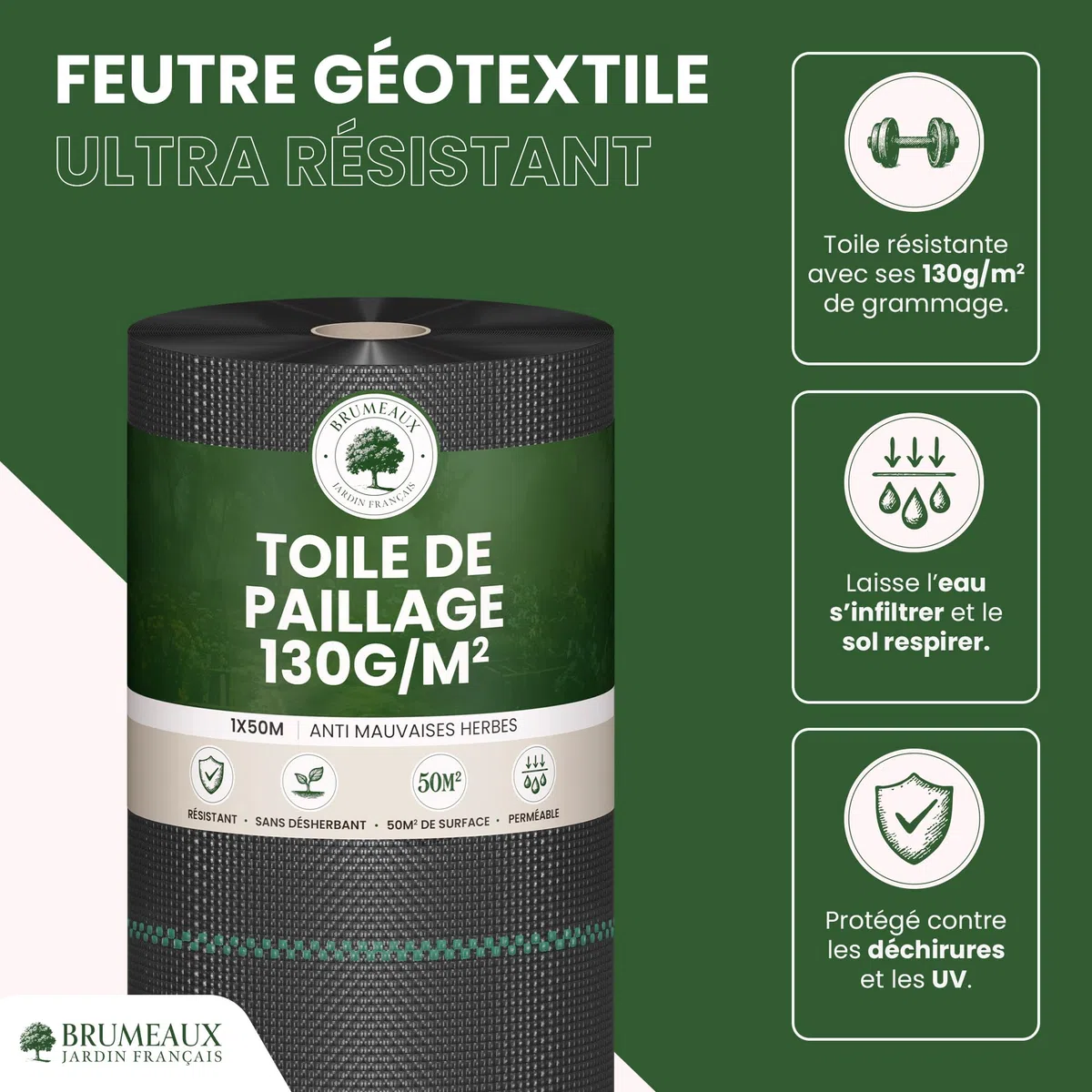 SKYLANTERN Toile de Paillage 130g/m² très épais - Geotextile Anti Repousse Gravier 50m x 1m (50m2) pour Terrasses et Allées - Bache Desherbant Anti Mauvaise Herbe 130g - Toiles de paillage Géotextile