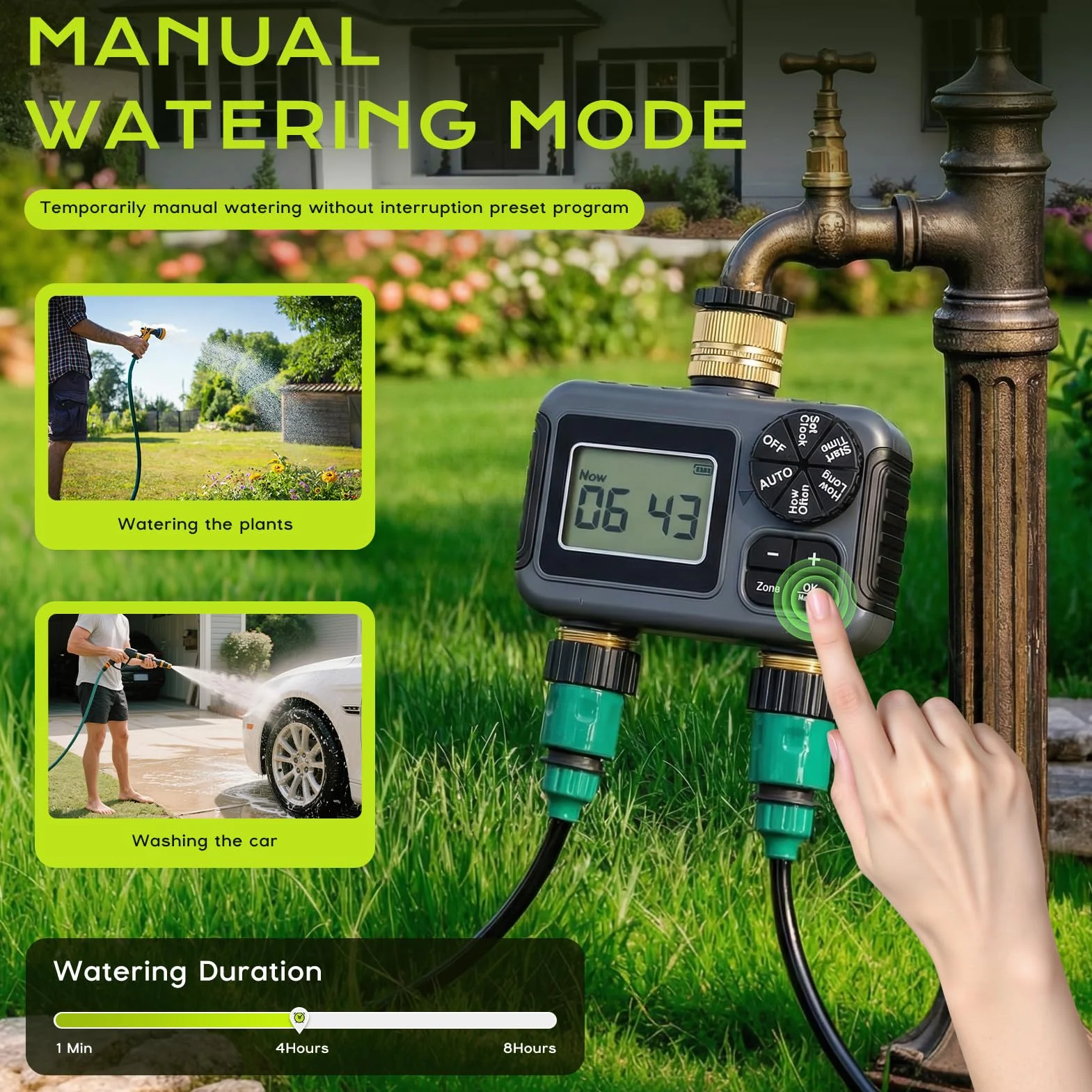 Programmateur Arrosage 2 Voies IPX5 Étanche Minuteur Arrosage Automatique avec Entrée et Sortie en Laiton, Retard de Pluie, Arrosage Automatique et Manuel, Minuterie d'irrigation pour Jardin Pelouse