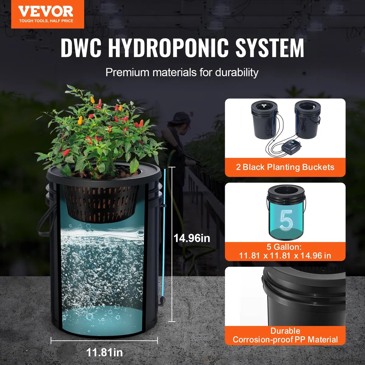 VEVOR Système de Culture Hydroponique DWC, Kit Goutte à Goutte Supérieur, Culture en Eau Profonde 20 L 2 Seaux, avec Pompe à Air, Pierres à Air, Dispositif de Niveau d'eau, pour Légumes à Feuilles