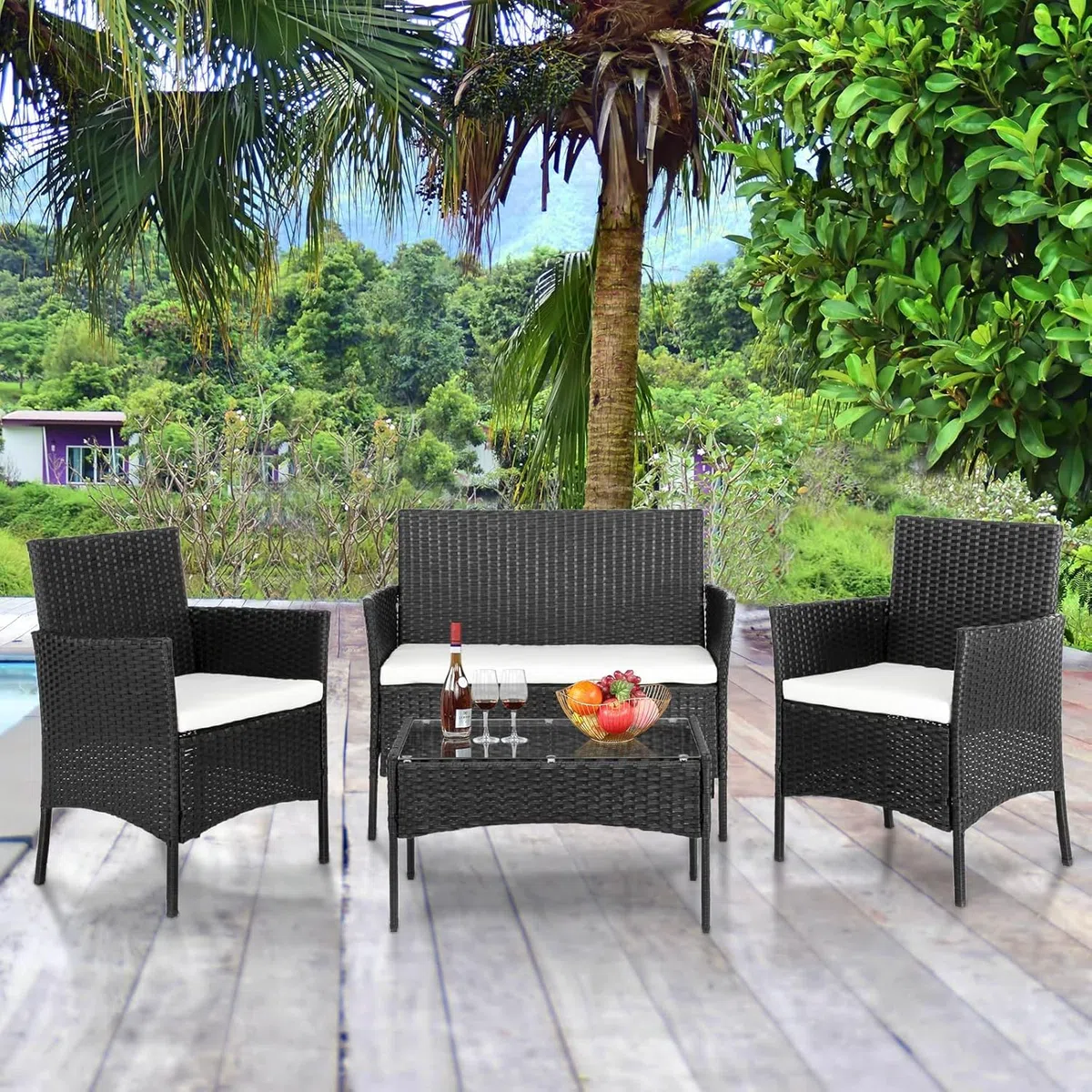 Salon de Jardin Exterieur en Résine ressée - 2 canapés Simples, 1 canapé Double et 1 Table Basse, Coussins Inclus, Salon de Jardin pour Amenagement Balcon Terrasse Veranda (Noir)