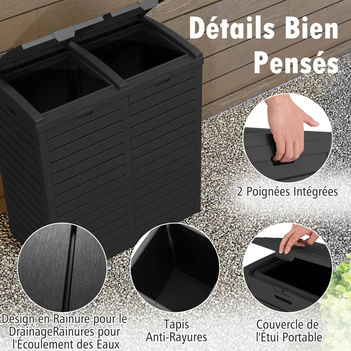 GOPLUS Poubelle Jarin Extérieure à Double Bac 236 L, Bac à Ordures Extérieur pour Déchets, Poubelle de Tri Terrasse Extérieure Intérieure avec Plusieurs Couvercles (Noir,236L|77x40x86CM)