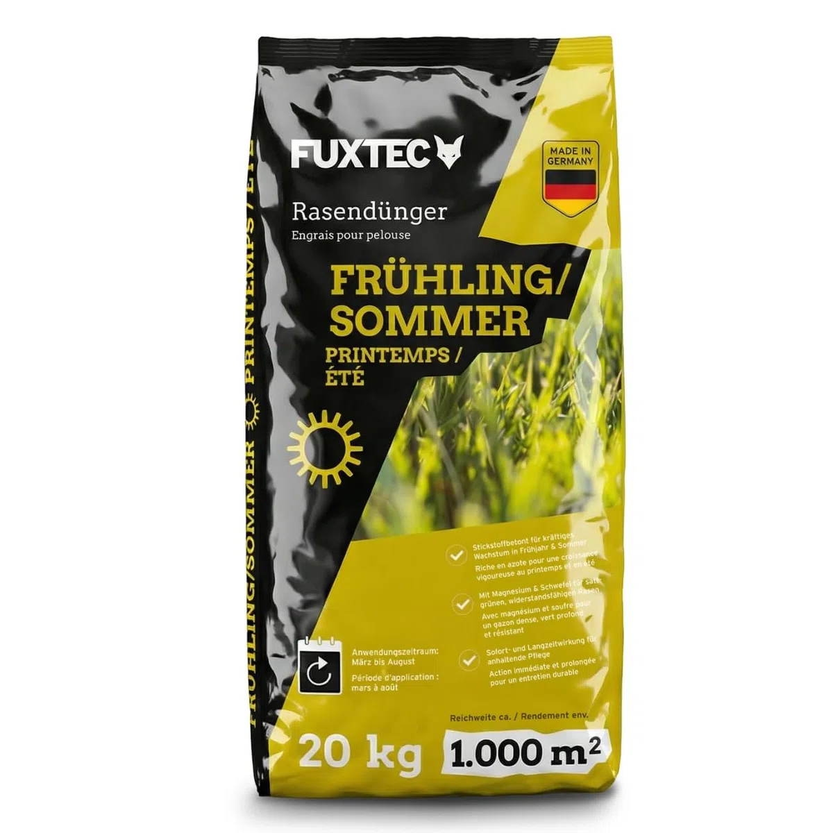 FUXTEC Engrais gazon printemps été FX-RDFS20 – 20 kg rendement 1000m2 fertilisant pelouse NPK 12+3+5 organo-minéral – azote à libération progressive – magnésium et soufre – granulés fins