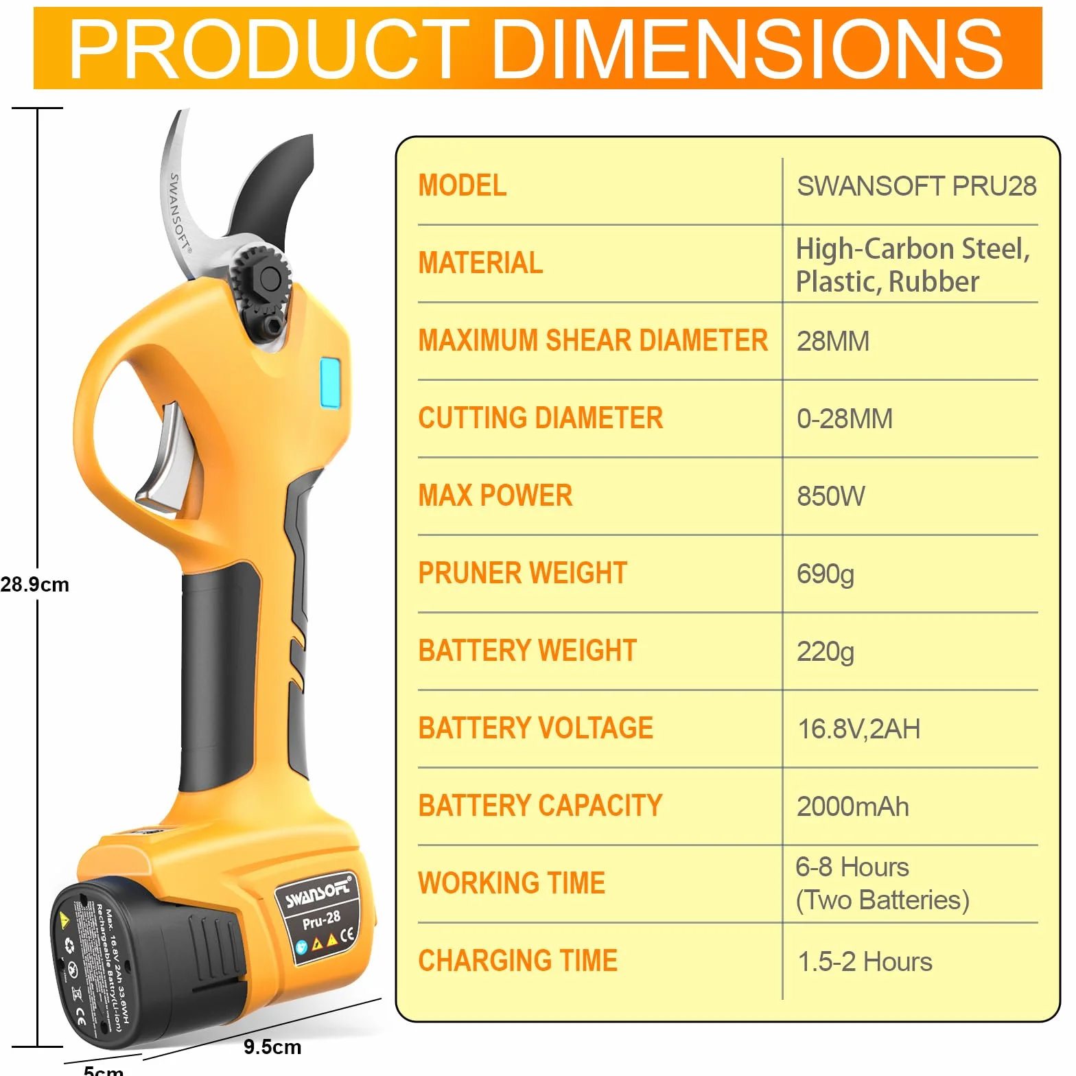 [Léger Et Sûr, Modèle D'Entrée De Gamme Professionnel] SWANSOFT PRU28 Secateur Electrique sans Fil,28mm 16,8V 850W Sécateur Électrique sans Fil pour Vigne, Olivier, Arbre Fruitier, Jardinage,Vergers