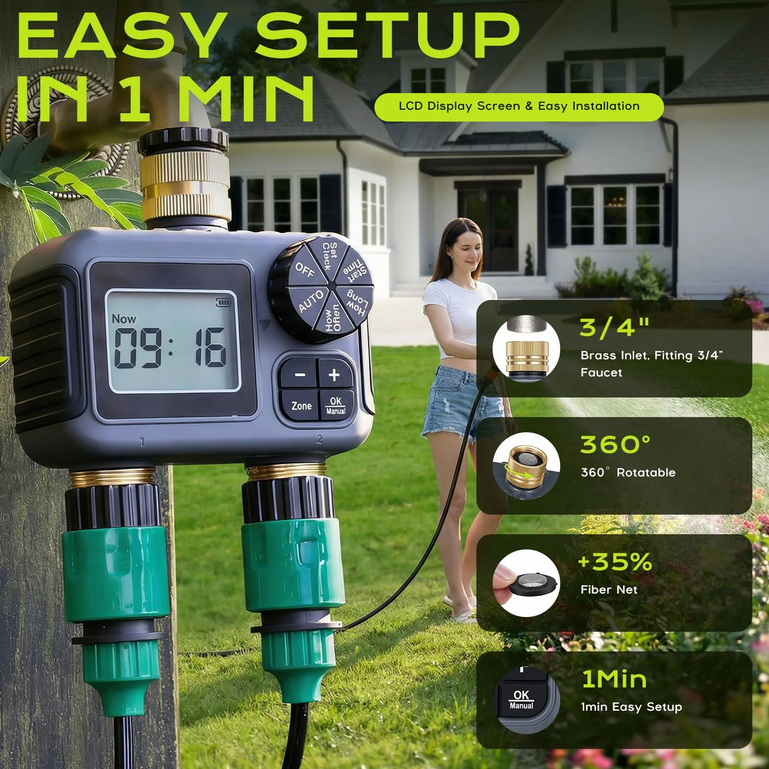 Programmateur Arrosage 2 Voies IPX5 Étanche Minuteur Arrosage Automatique avec Entrée et Sortie en Laiton, Retard de Pluie, Arrosage Automatique et Manuel, Minuterie d'irrigation pour Jardin Pelouse