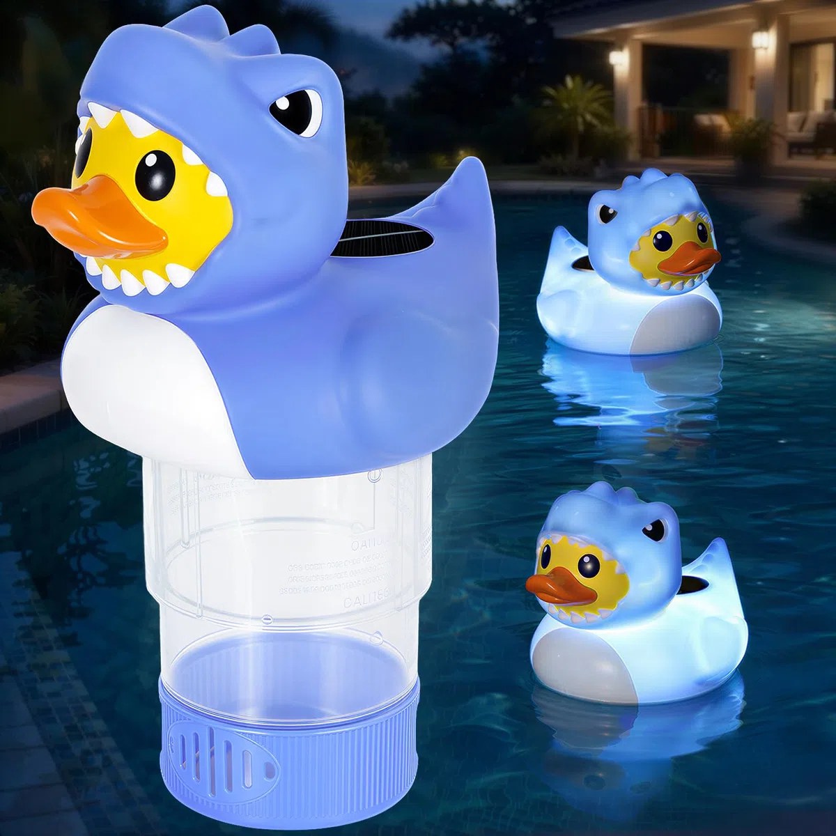 Housolution Flotteur Solaire de Chlore Piscine, Distributeur Flottant à Lumière, Convient Tablettes 4x3in, Libération Réglable, Ouverture Facile & Anti-Enfoncement,Flotteur Piscine Jacuzzi SPA, Canard