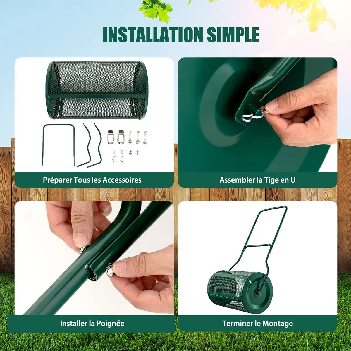 COSTWAY Épandeur à Compost de 60,5 cm Rouleau en Treillis Métallique, Épandeur de Gazon 75 L avec Poignée en Forme de ‘U’ Loquets Latéraux, pour Entretien du Jardin et Pelouse, Vert