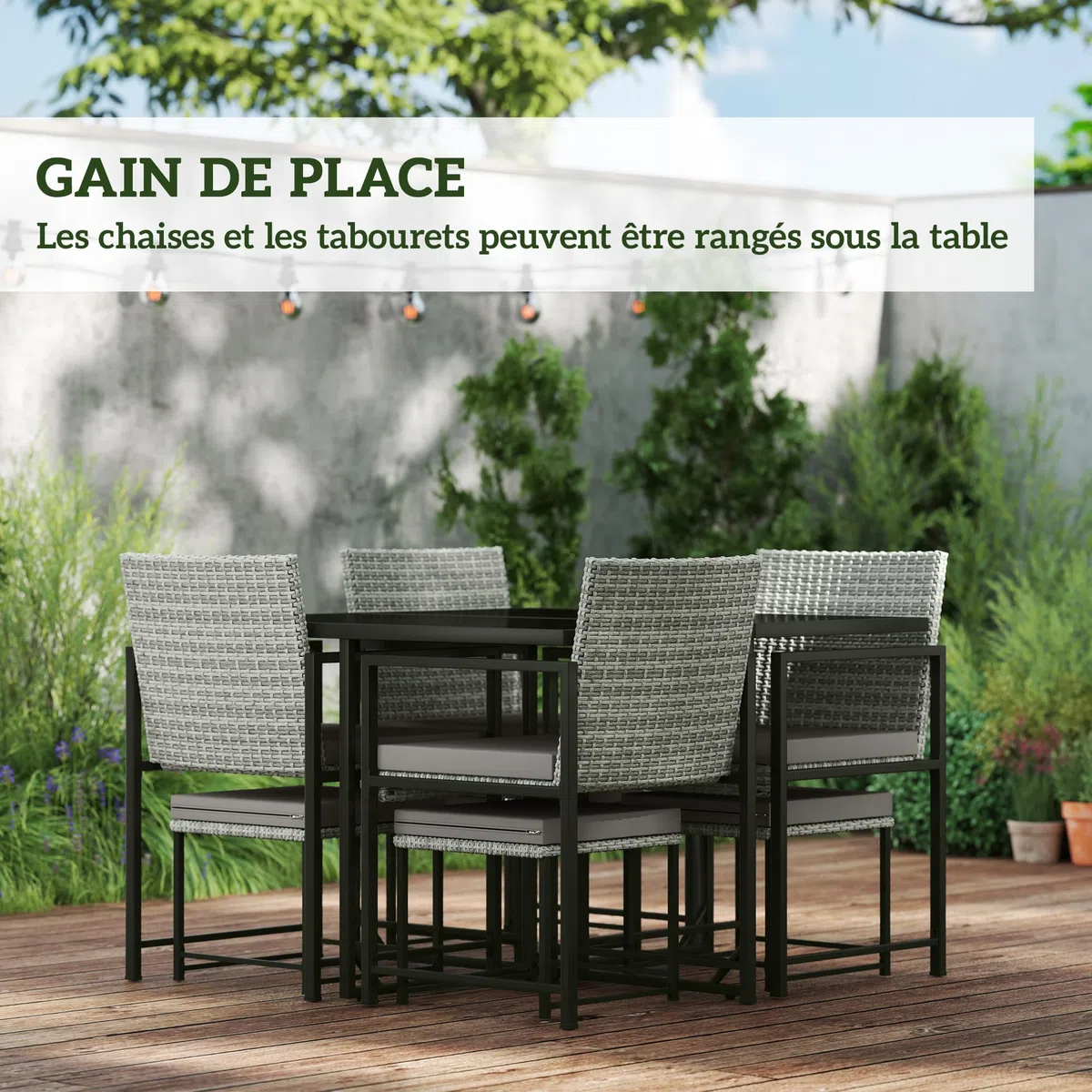 Outsunny Salon de Jardin extérieur en résine tressée 8 Places, Table et chaises de Jardin extérieur, 4 fauteuils, 4 tabourets, Coussins, Plateau en Verre trempé, pour terrasse, Balcon, Patio, Gris