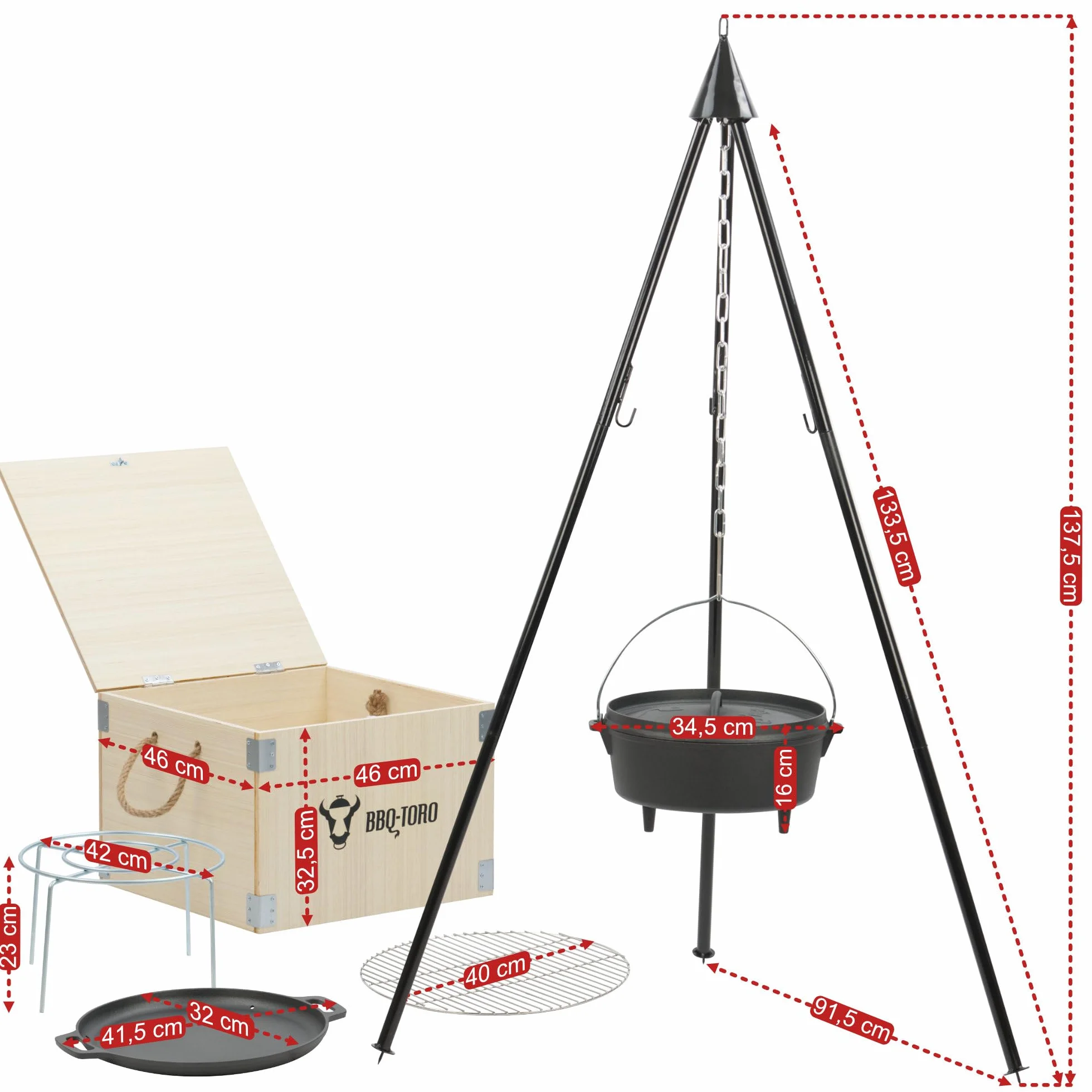 BBQ-Toro Kit de 6 Dutch Oven en Fonte Préassaisonnée avec Caisse en Bois, Poêle, Grille et Trépied pour Camping