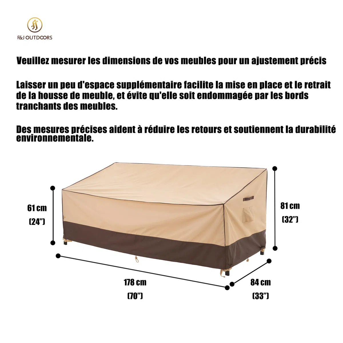 F&J Outdoors Housse pour canapé de jardin tissu écologique, imperméable, housse pour bancs 3 places, protection pour canapés extérieurs, protection contre la neige en hiver, 178x84x61/81cm
