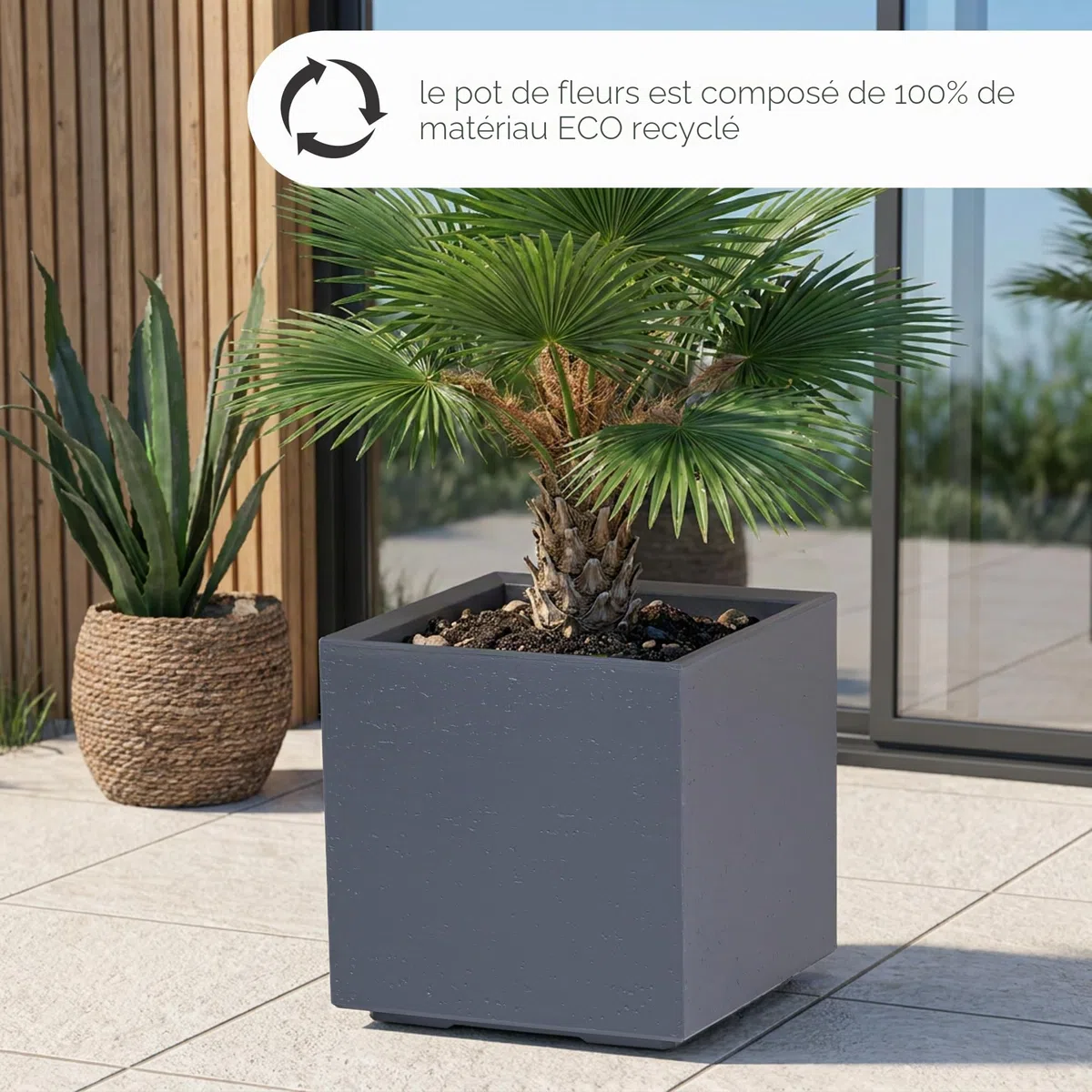 KONZEPT Grand pot de fleurs sur roulettes 40 x 40 x 40 cm, pour extérieur, carré, anthracite aspect béton, en plastique, mobile, idéal pour le jardin, la terrasse et le balcon