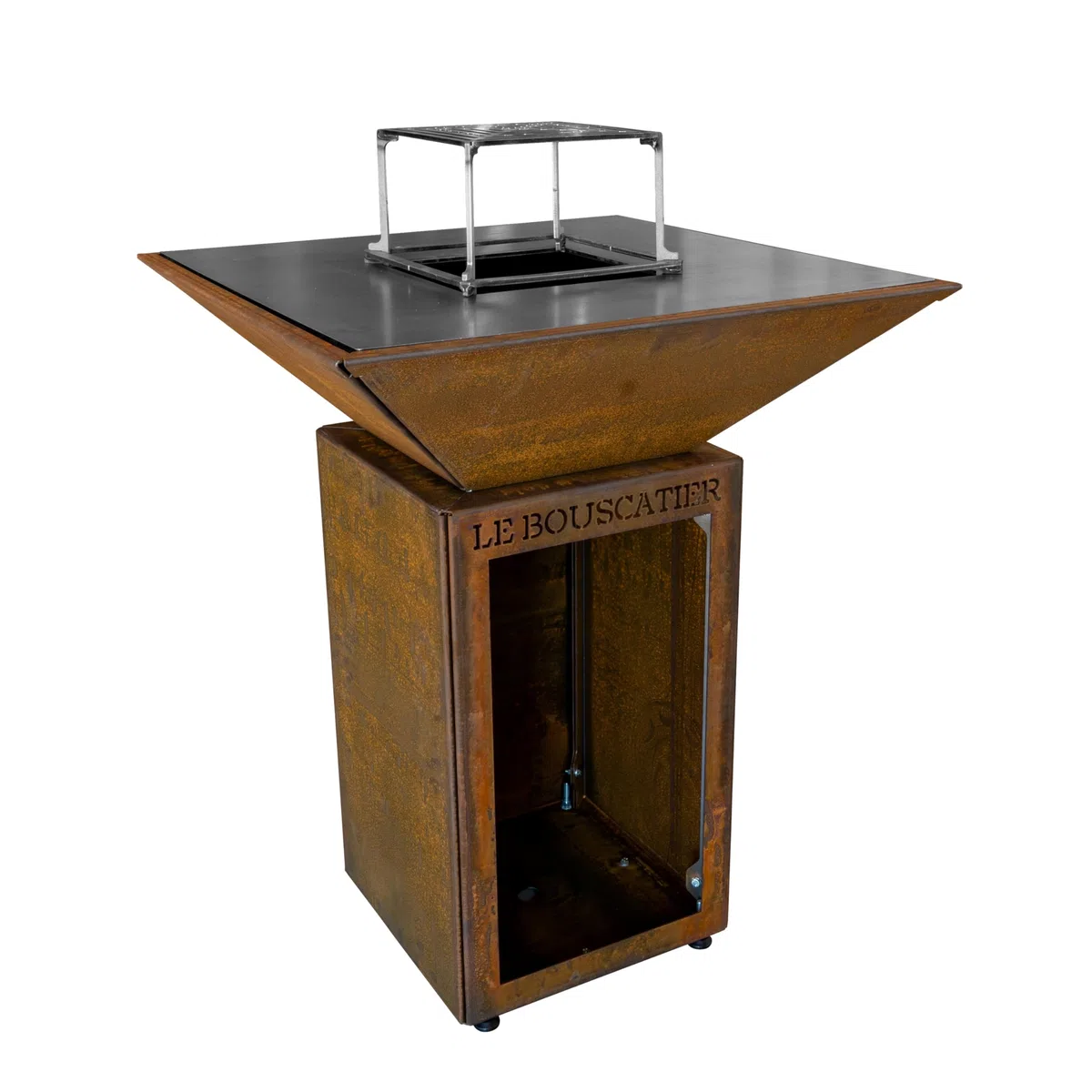 Brasero Plancha Acier Corten Barbecue Exterieur avec Rangement Bûches Grille Cuisson Stop Food Inclus
