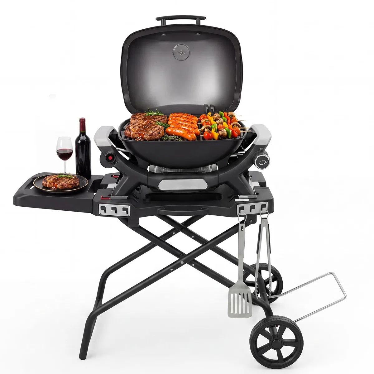 GFTIME Chariot pour Weber Q1000, Q2000 barbecues à gaz, chariot de grill pour Blackstone 43/56cm, support de barbecue extérieur, chariot de service pour barbecue pour Weber Q1200, Q1400, Q2200, Q2400.