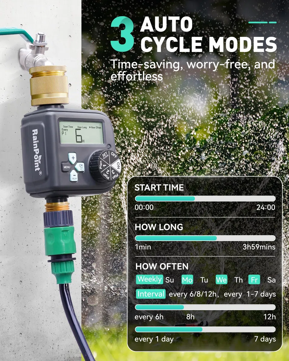 RAINPOINT Programmateur Arrosage Automatique avec Entrée et Sortie en Laiton, 3 Horaires, Retard De Pluie, Programmable par Semaine/Heures et Jours d'intervalle, Programmateur d'arrosage pour Jardin