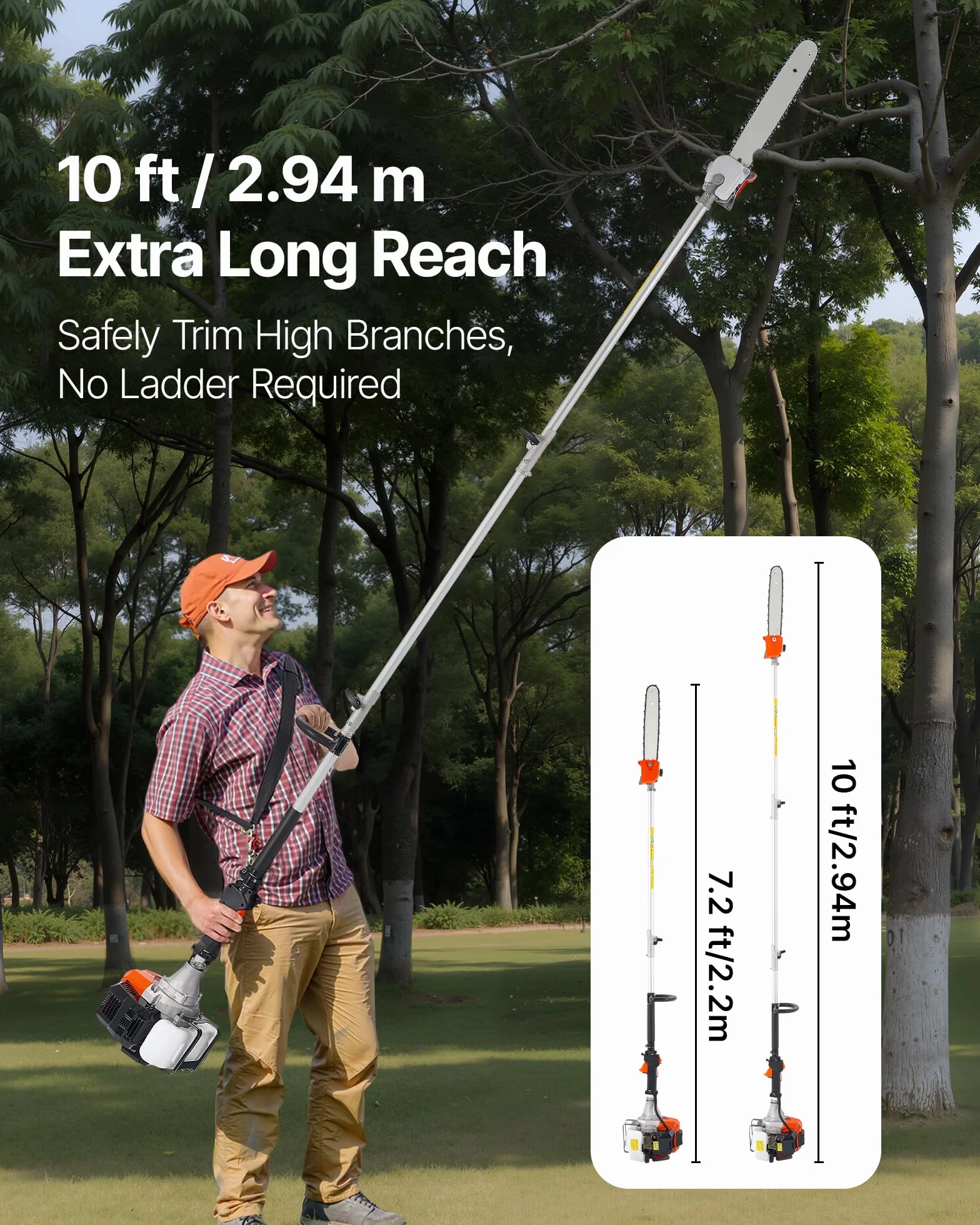 VEVOR Élagueuse Thermique sur Perche à 2 Temps, 52 cc, Élagueuse sans Fil à Essence, avec Perche Extensible 2,2 m-2,94 m, Guide-chaîne 35,6 cm, Réservoir de Carburant 850 ml, pour Élagage des Arbres