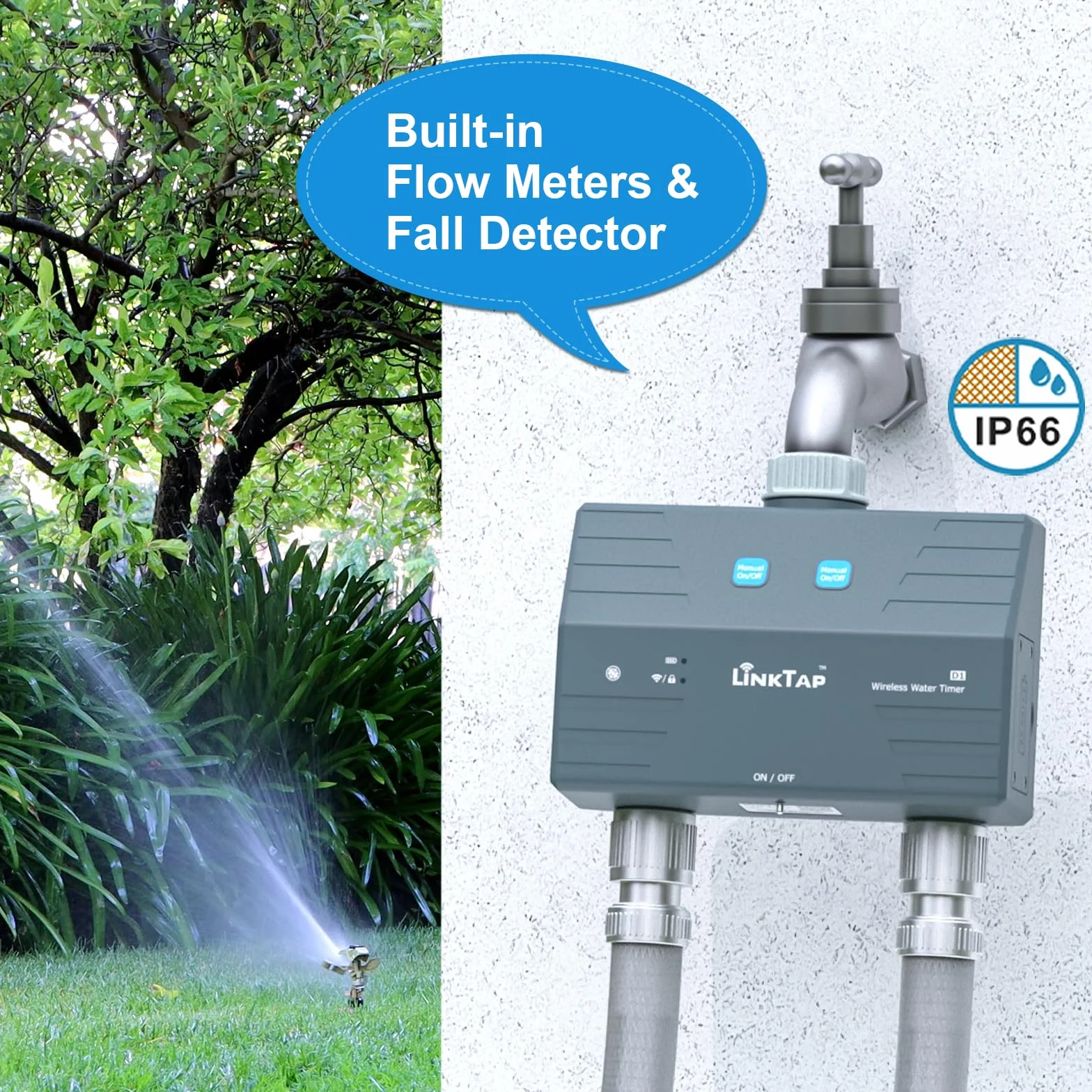 LinkTap D1 Programmateur d'arrosage Intelligent pour Jardin, Gateway Non Inclus, Débitmètres intégrés, Adaptation météo, Détection et Notification d'Erreurs, Portée Plus Large Que WiFi, IP66, Alexa