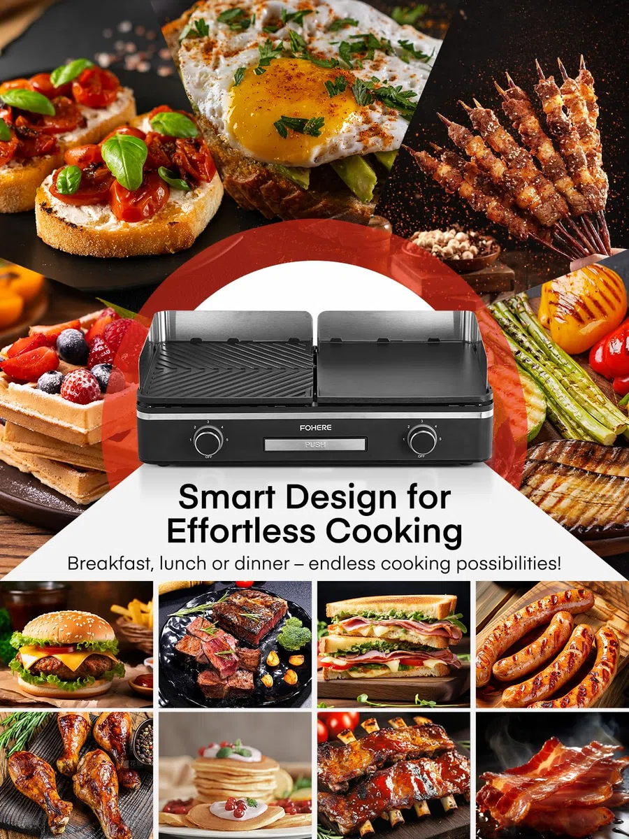 FOHERE Barbecue Électrique de Table 2400W - Plancha de Jardin et Balcon avec 2 Zones de Cuisson Indépendantes - Grande Surface Antiadhésive (Lisse & Nervurée) - Idéal Camping et Extérieur