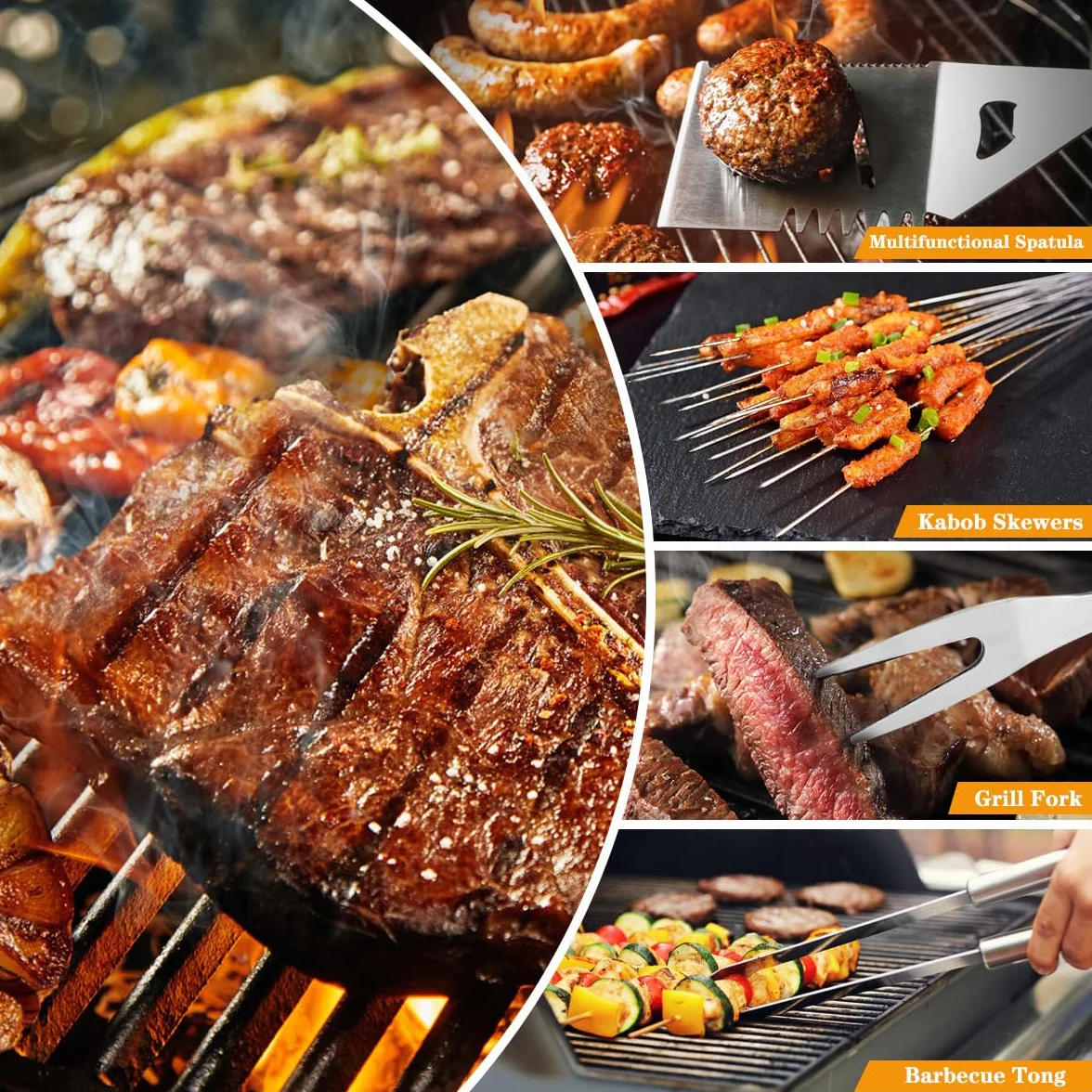 Lot de 6 Ustensiles de Barbecue en Acier Inoxydable avec Sac de Transport